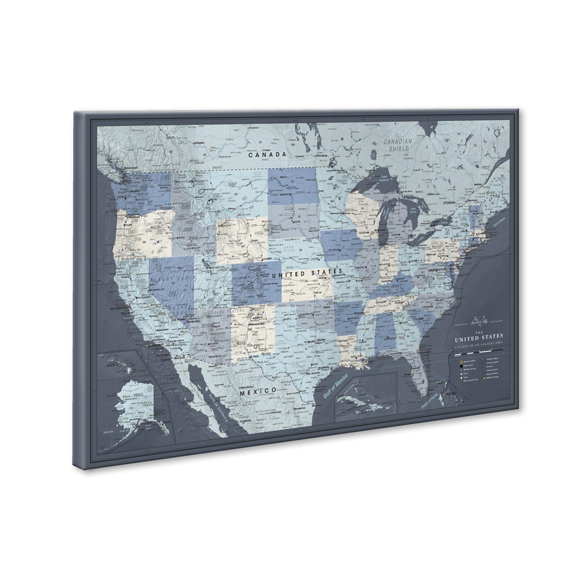 Detailed US Travel Map with Push Pins on Canvas - 35 x 24 Wall Art for Adventure Tracking | Perfect for Home Decor, Office, and Travel Planning