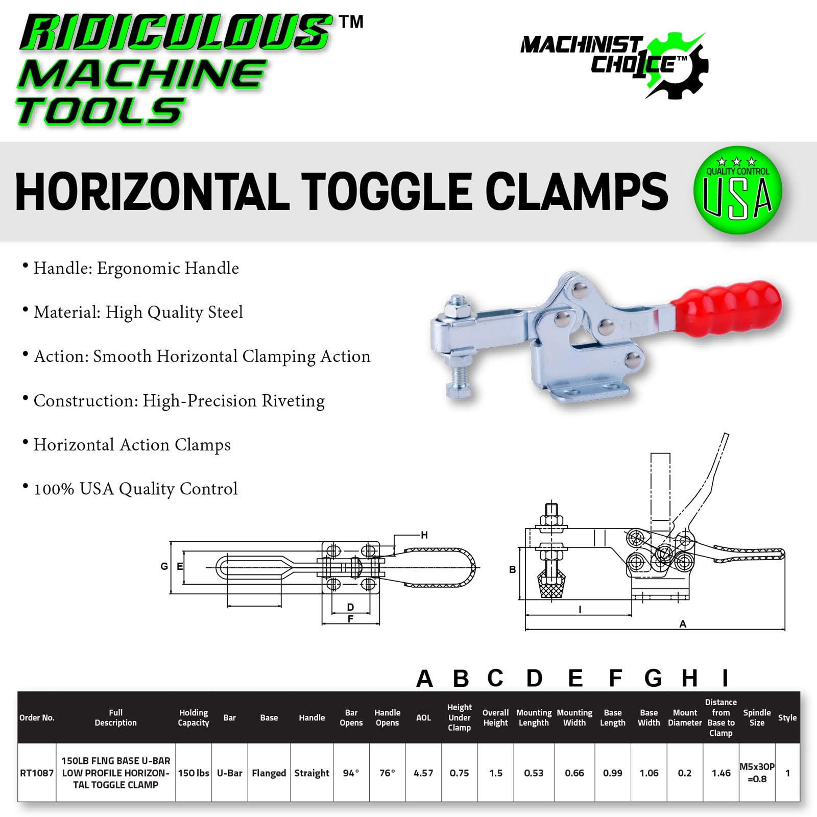 150LB FLNG Base U-Bar Low Profile Horizontal Toggle Clamp - Heavy Duty Workholding Solution for Woodworking, Metalworking & CNC Machining (Model 213-U)
