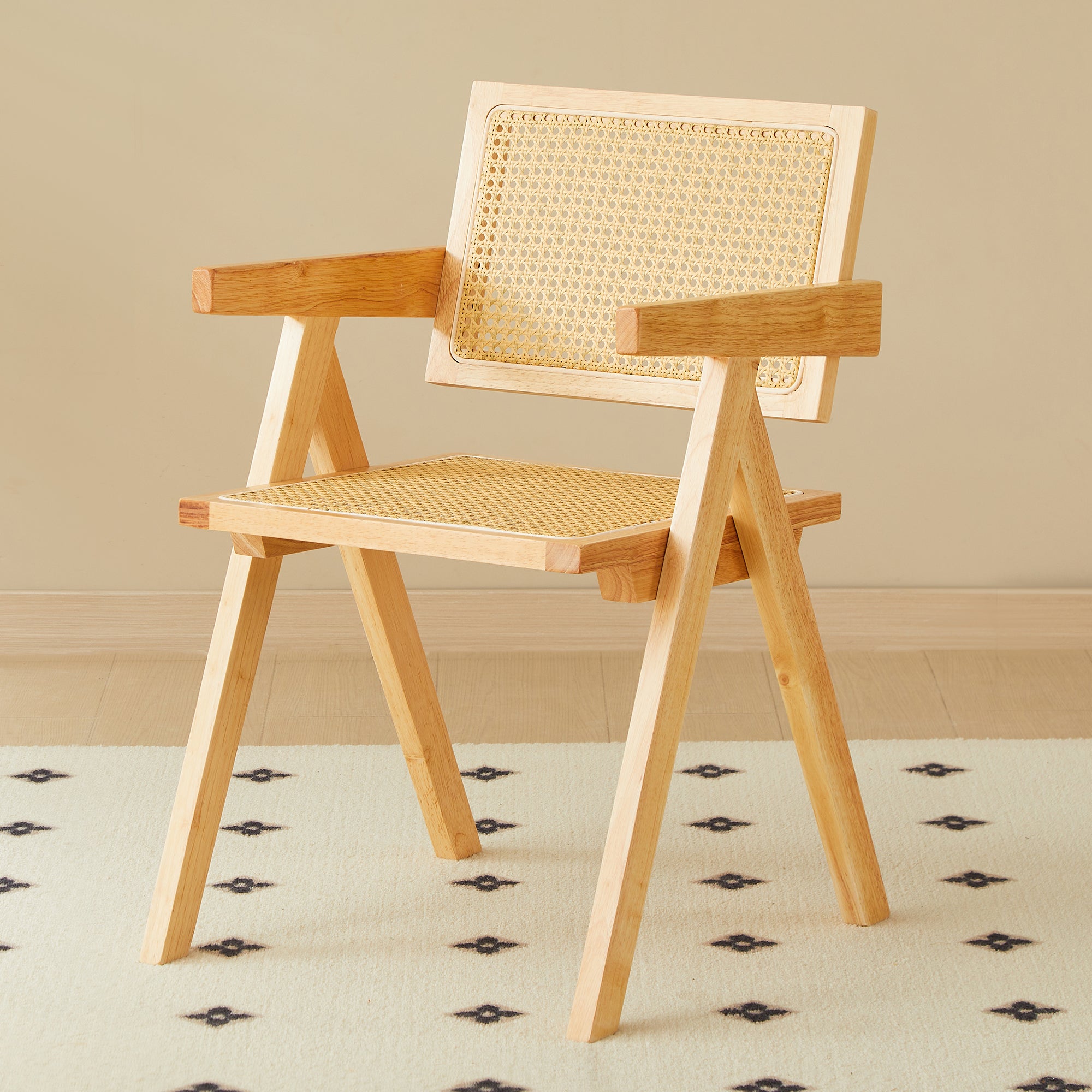 Solid Wood Dining Chairs with Armrests - Natural Rubber Wood & Rattan Woven Design for Kitchen, Dining Room, or Outdoor Patio