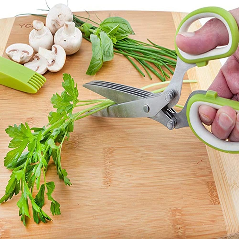 5-Blade Multipurpose Kitchen Shears - Heavy Duty Herb Scissors, Food Chopper & Mincer with Protective Cover - Perfect for Cutting Herbs, Vegetables, Meat & More | Includes Cleaning Brush & Leaf Peeler | Ideal for Home Cooking, Meal Prep & Professional Kitchens - BY ZZYY