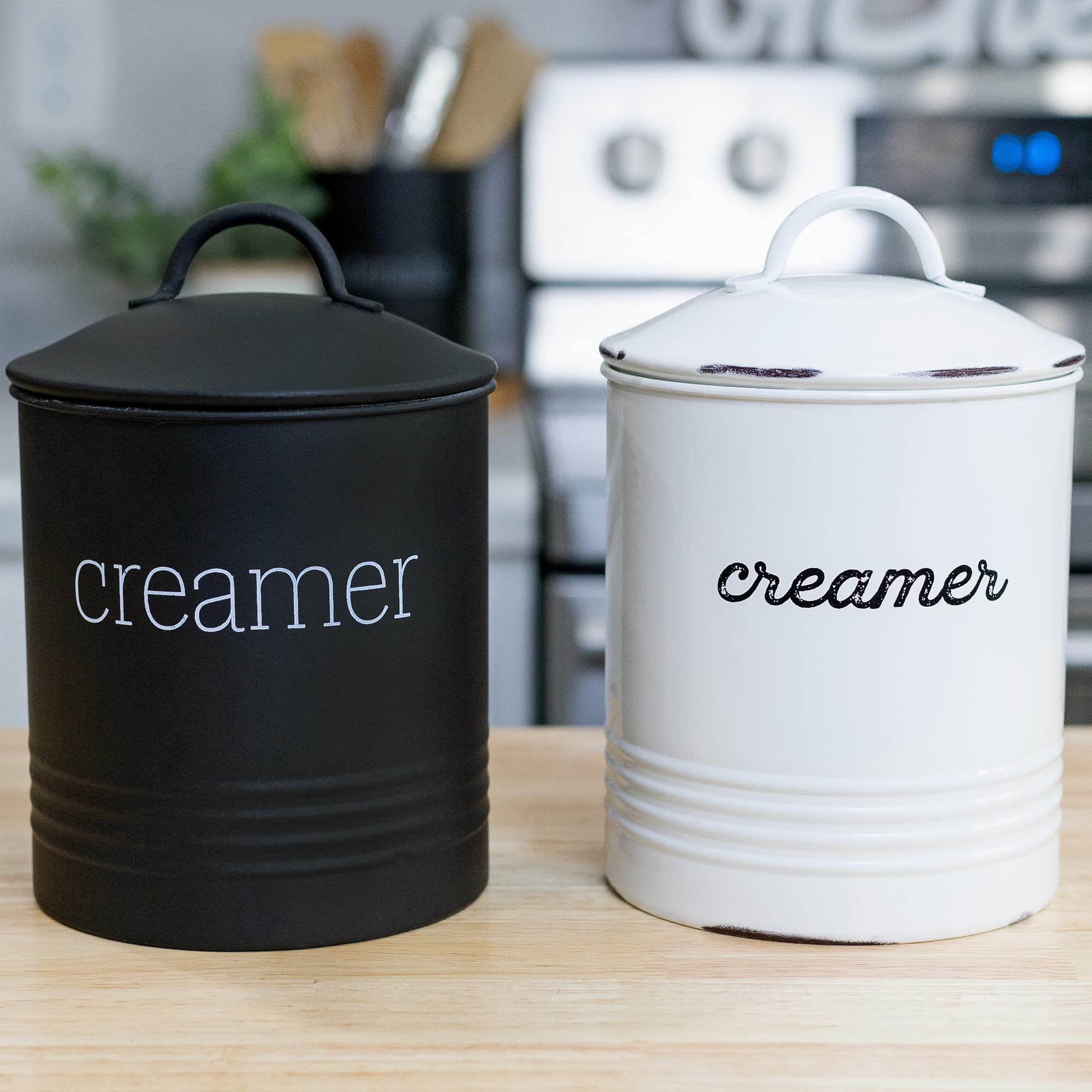 AuldHome Farmhouse Style Metal Creamer Canister - Black Coffee Storage Container for Kitchen Countertop | Perfect for Coffee, Tea, Sugar & Dry Food Organization