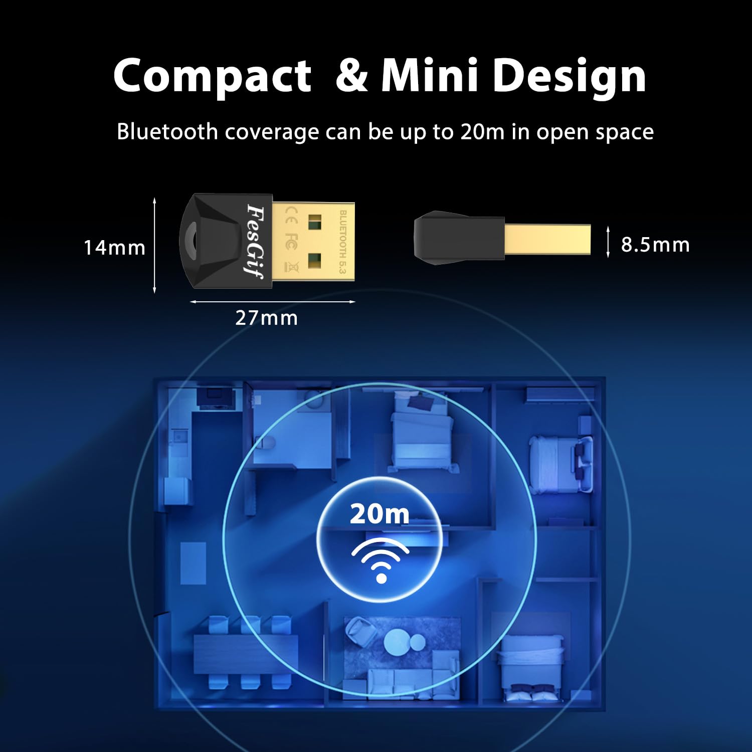 FesiGif USB Bluetooth 5.3 Adapter for PC - Mini Wireless Dongle Transmitter/Receiver for Laptops, Bluetooth Headphones, Keyboard & Mouse - Plug & Play for Home Office, Gaming & Streaming