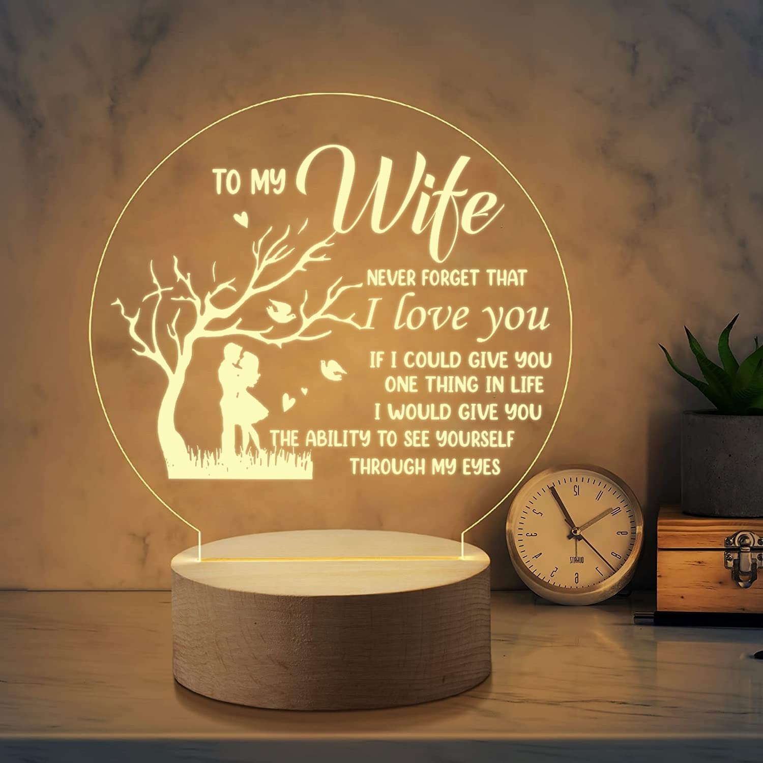 Personalized Engraved Acrylic Night Light for Wife - 'To My Wife Never Forget That I Love You' Romantic USB-Powered Low Energy Night Lamp - Perfect Birthday, Anniversary & Mother's Day Gift for Wife, Mom & Women - Bedside Table Decor for Bedroom, Nursery & Home Office