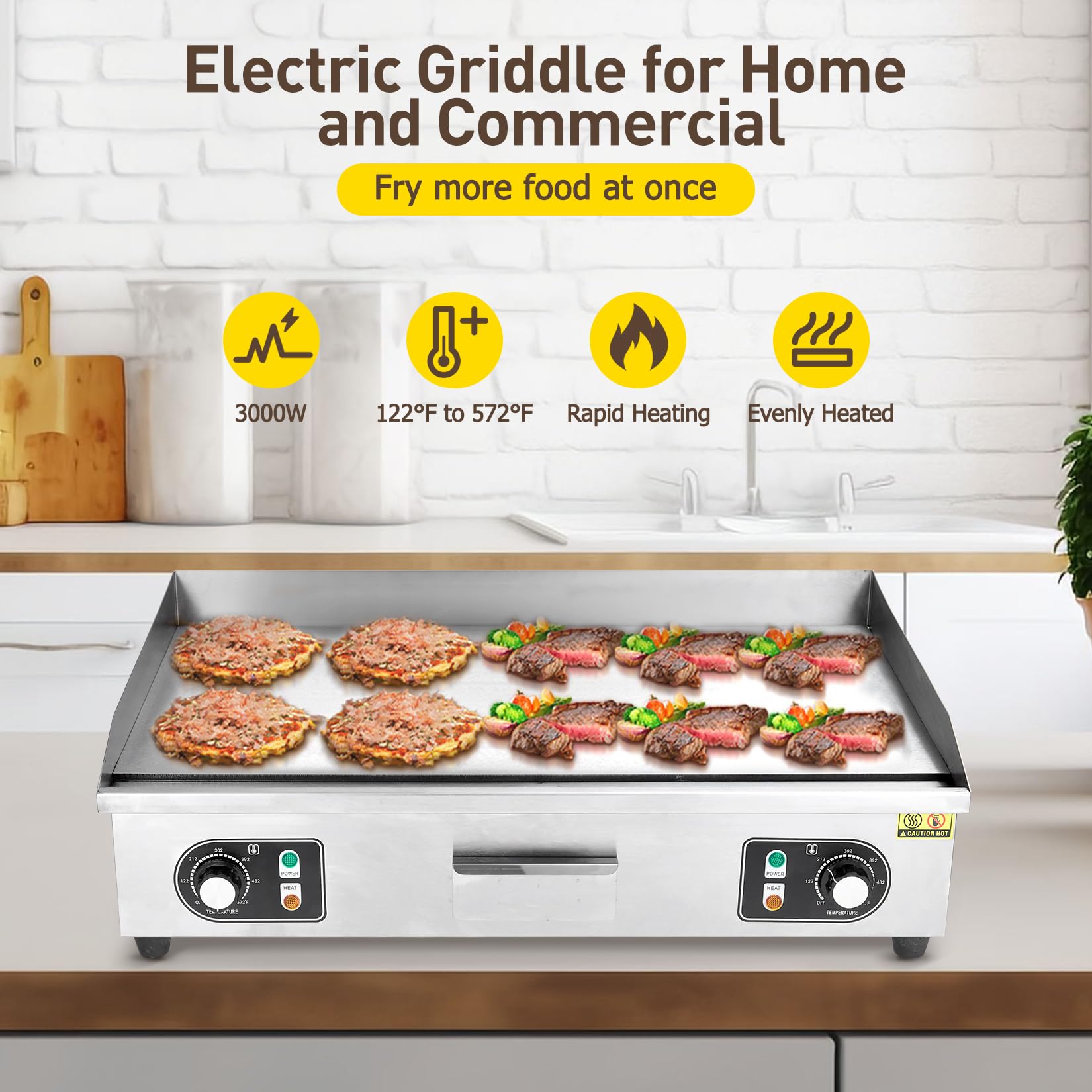 GARVEE 30 Inch Commercial Electric Grill 3000W Stainless Steel Griddle with Adjustable Temperature (122°F-572°F) - Non-Stick Surface for Home Kitchen & Restaurant Use - Perfect for Pancakes, Burgers, Steaks & Large Batch Cooking (No Plug Included)