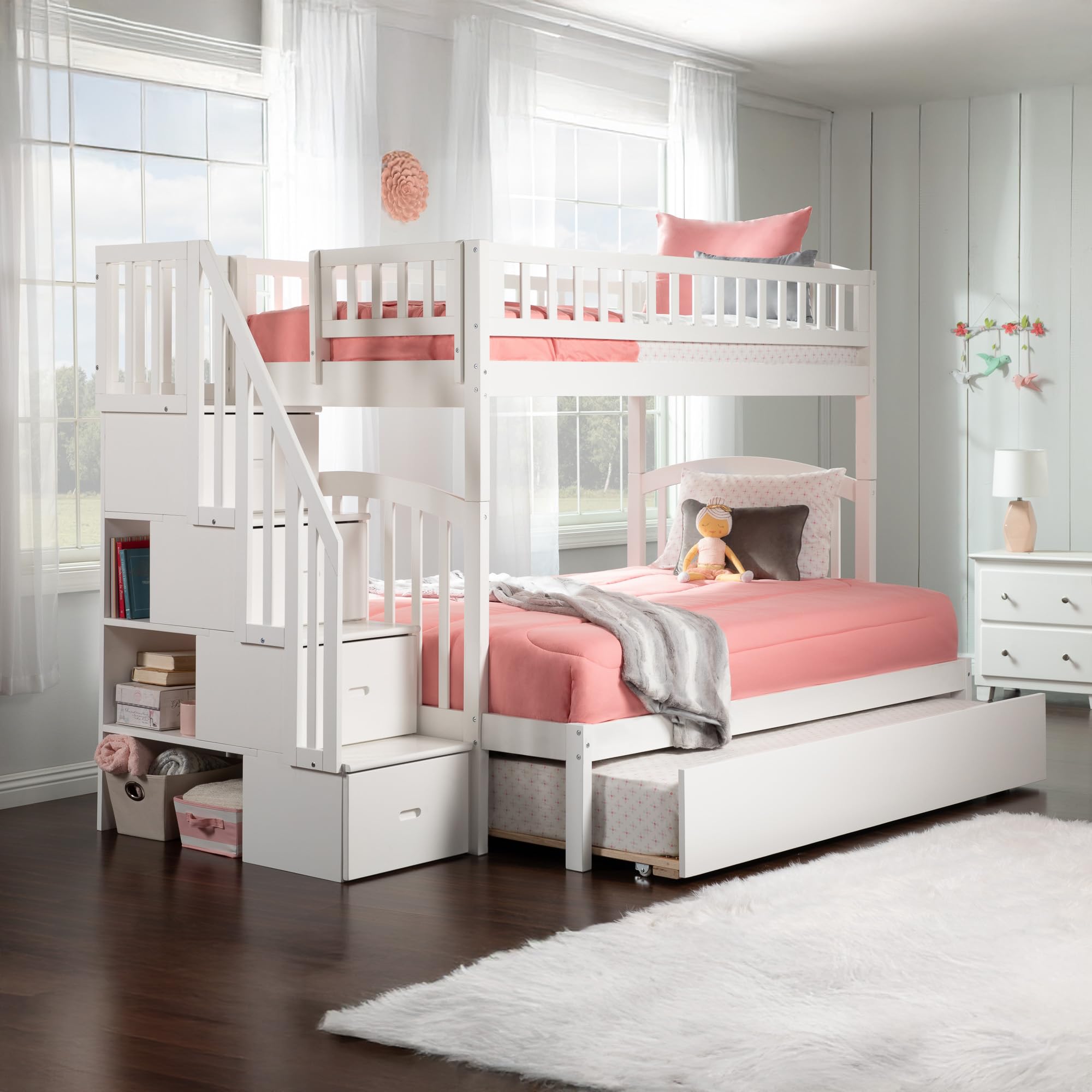 AFI Westbrook Twin Over Full Staircase Bunk Bed with Trundle & USB Charger - Space-Saving Kids Bedroom Furniture for Small Rooms, Sleepovers & Guest Rooms (White)