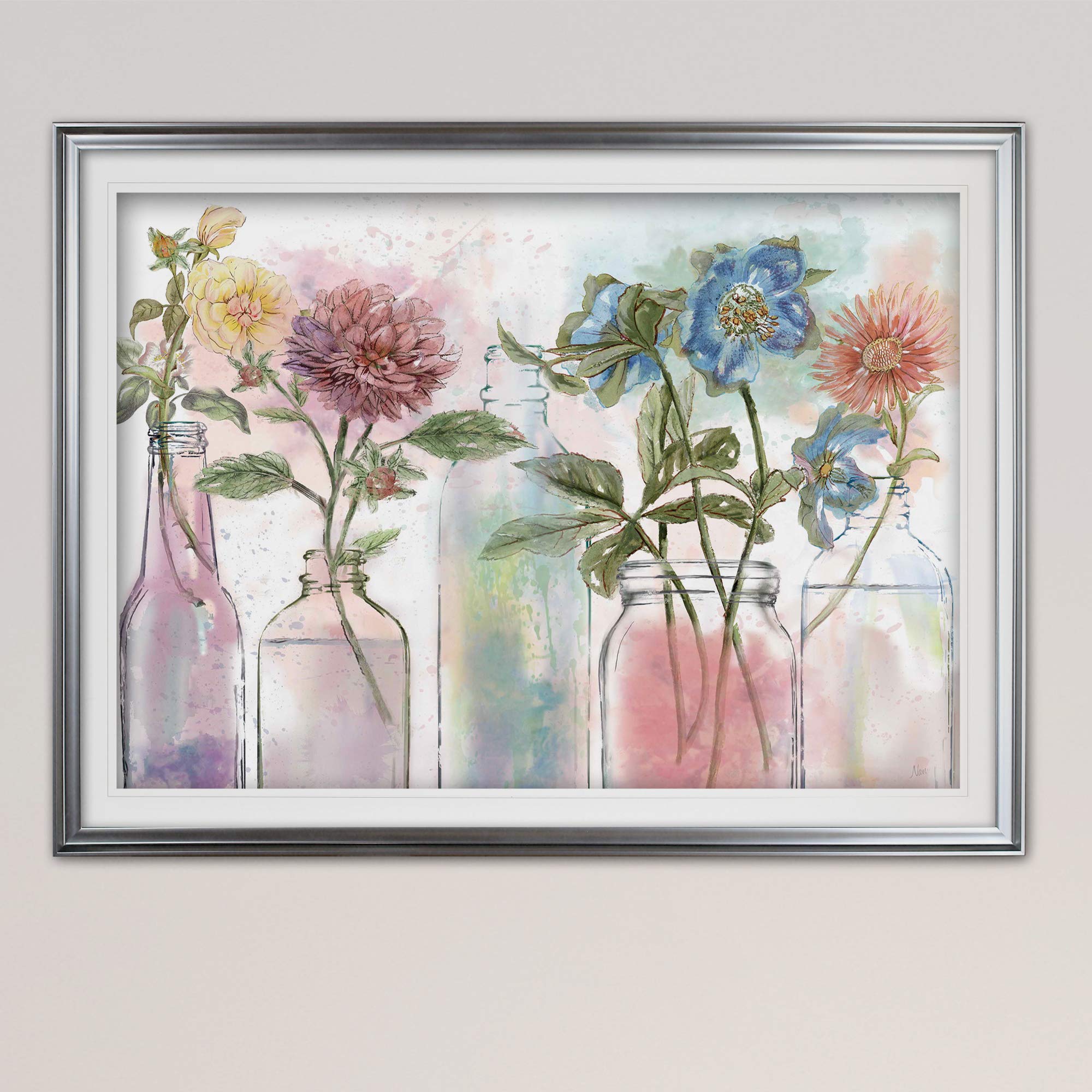 Vintage Bottle Collection Abstract Artwork - Contemporary Framed Floral Wall Decor Painting Giclee Print in Silver | Perfect for Living Room, Bedroom & Office Decor
