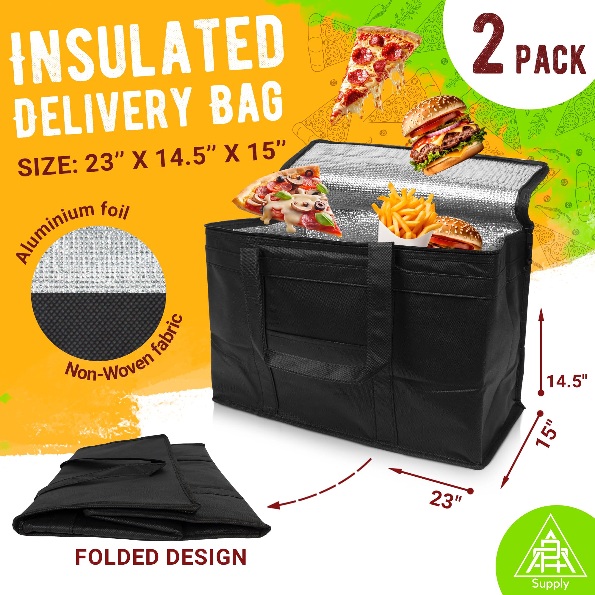 Premium Black Insulated Food Delivery Bag - Heavy Duty Zippered Cold Grocery Bag for Takeout & Catering | Foldable, Leak-Proof Thermal Tote for Meal Prep, Picnics & Amazon Fresh Deliveries