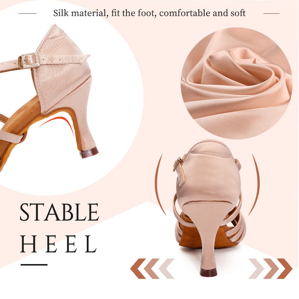 Women's Latin Dance Shoes Satin Professional Ballroom Salsa Practice Performance Dance Heels - Model EM1219 for Competition, Social Dancing & Wedding Events