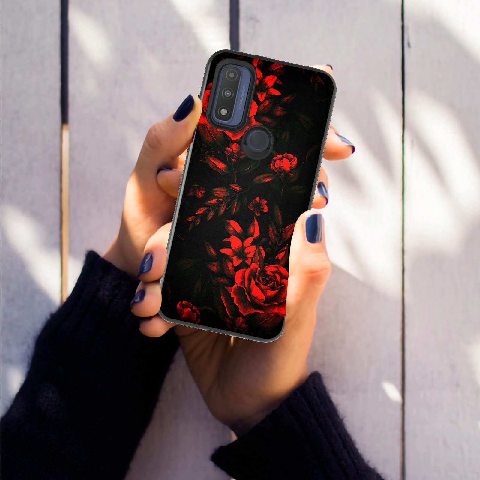 2 in 1 Shockproof Phone Case for Motorola Moto G Pure (2021) - Heavy Duty Dual Layer Hard PC & Soft Rubber Cover - Red Rose Art Design - Perfect for Women & Girls - Ideal for Everyday Protection, Outdoor Activities & Work