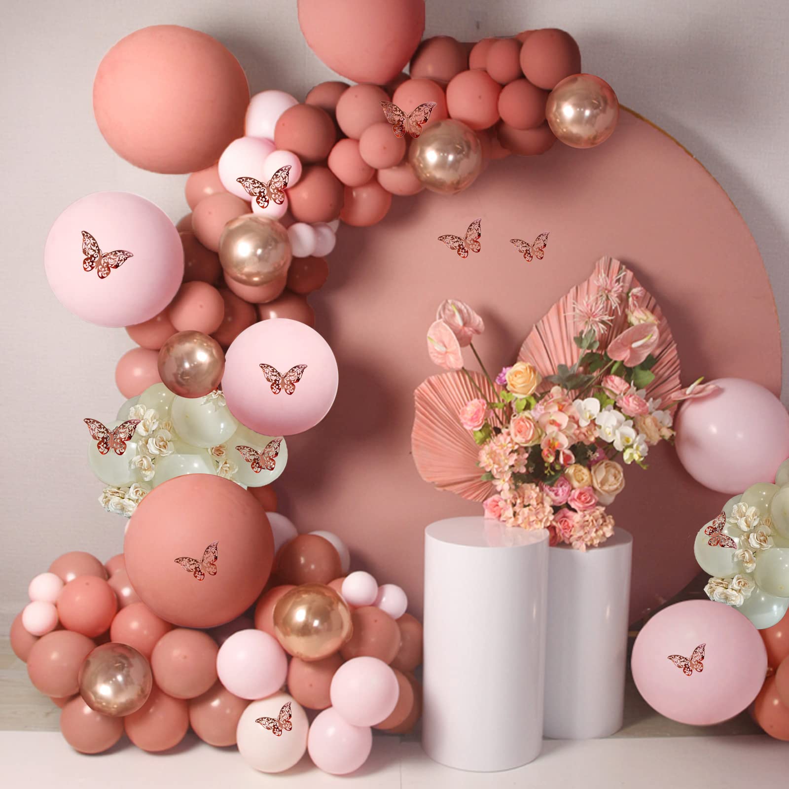 Dusty Pink Balloon Garland Kit - 145 Pcs Rose Gold Metallic Balloons with 12 Butterfly Stickers | Perfect for Baby Showers, Birthdays, Weddings & Party Decorations
