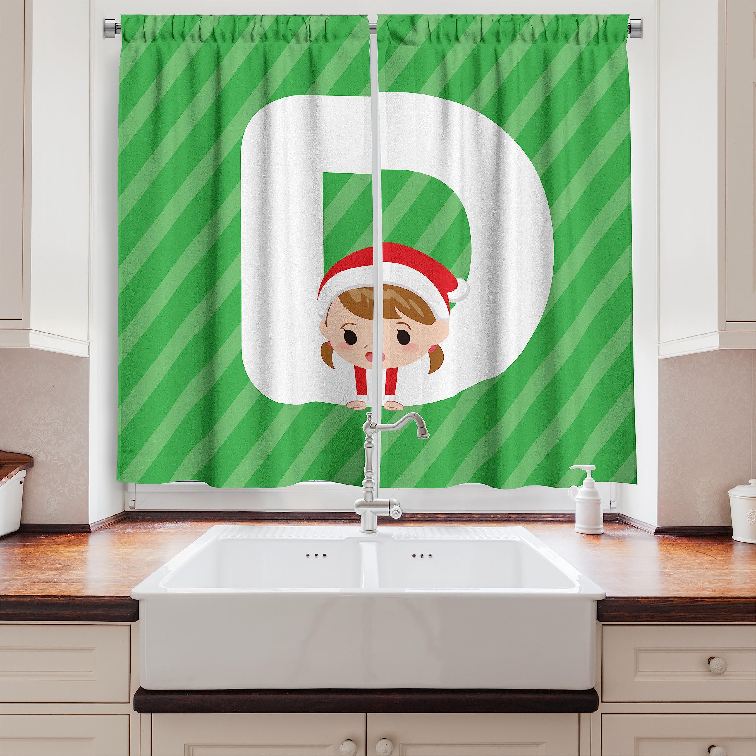Ambesonne Christmas Alphabet Kitchen Curtains - Santa Letter D Holiday Theme, 2 Panel Rod Pocket Drapes 55