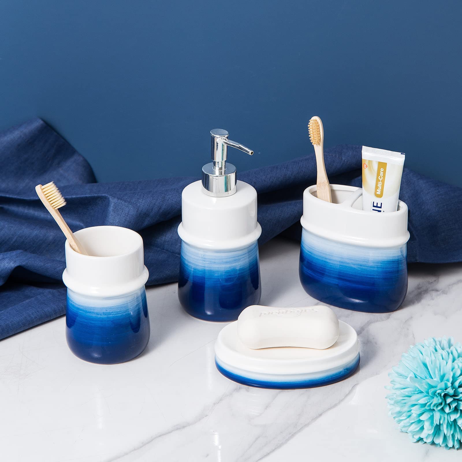 2-Piece Ceramic Vase Set & 4-Piece Bathroom Accessories - Rustic Farmhouse Decor for Bathroom, Living Room, Bedroom - Blue Home Décor for Modern & Traditional Interiors