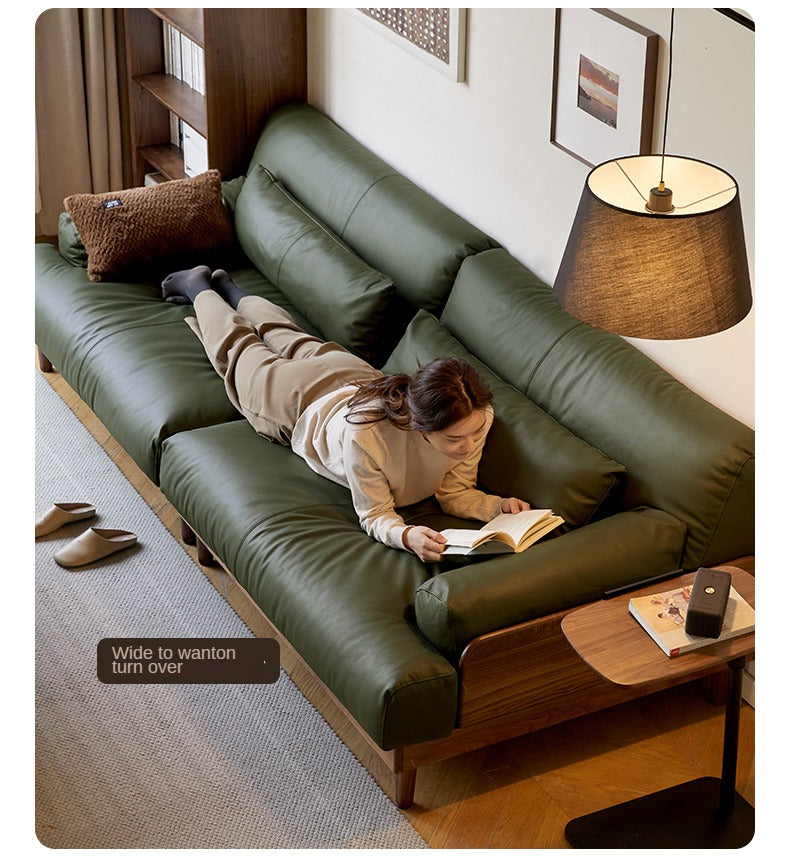 Premium Black Walnut & Oak Solid Wood Leather Recliner Sofa - Luxurious Comfort for Living Room, Lounge & Home Theater