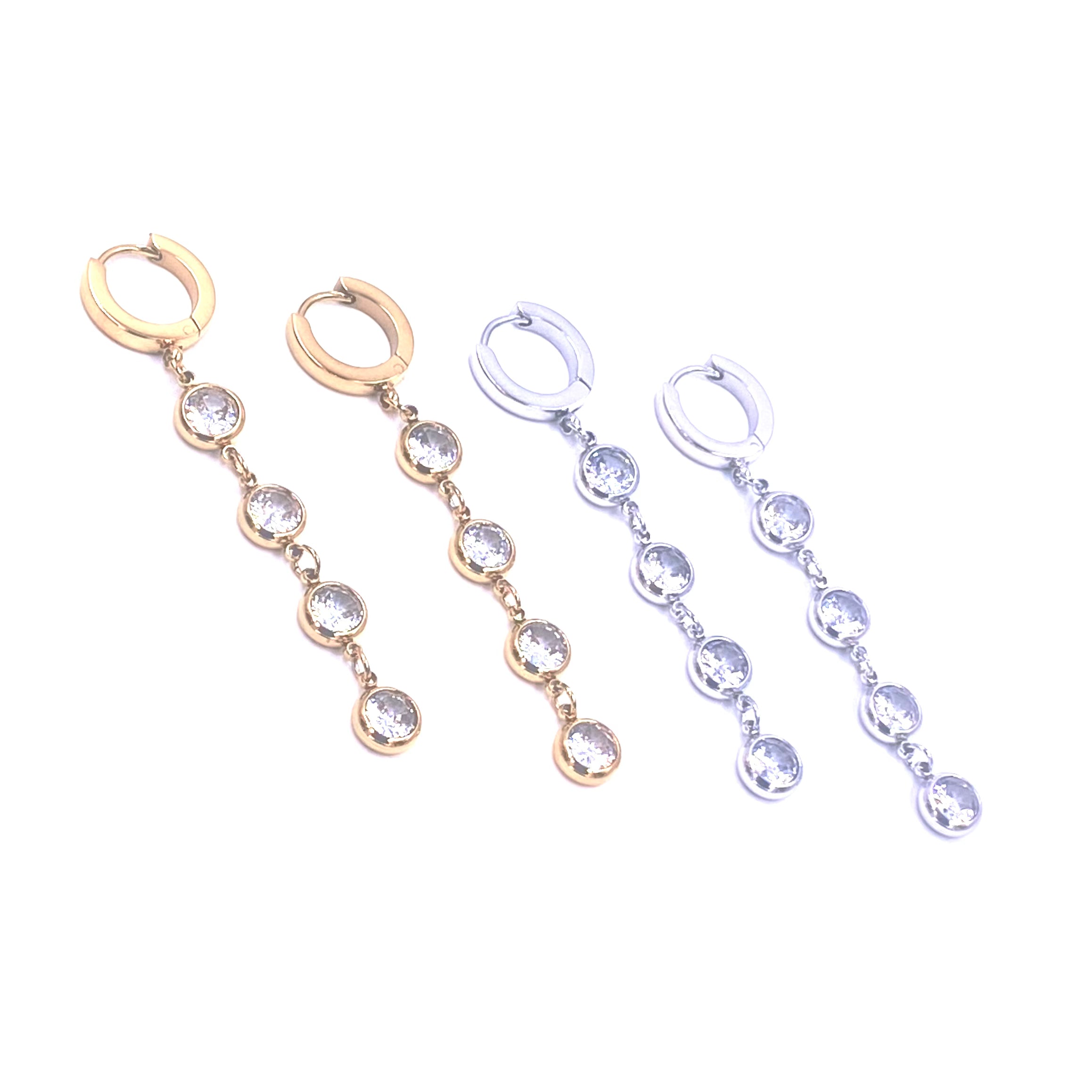 Ashley Gold Stainless Steel CZ Drop Hoop Earrings Set of 4 - Elegant Bezel Design for Women, Perfect for Parties, Weddings & Everyday Wear
