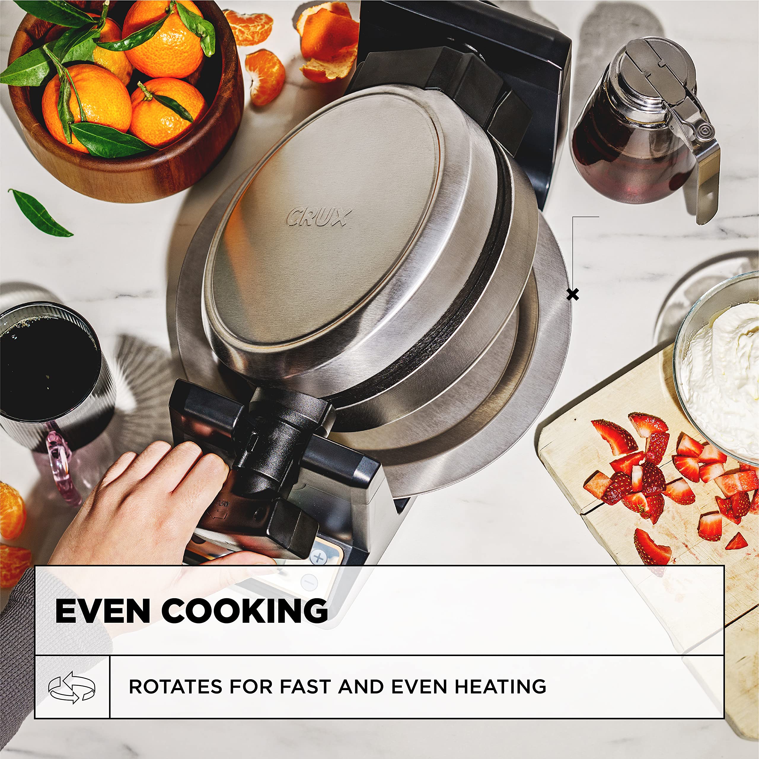 CRUX Rotating Belgian Waffle Maker - Nonstick PFOA-Free Plates, Digital LCD Display with Browning Control | Perfect for Keto Chaffles, Waffles & Pancakes | Ideal for Breakfast, Brunch & Family Gatherings