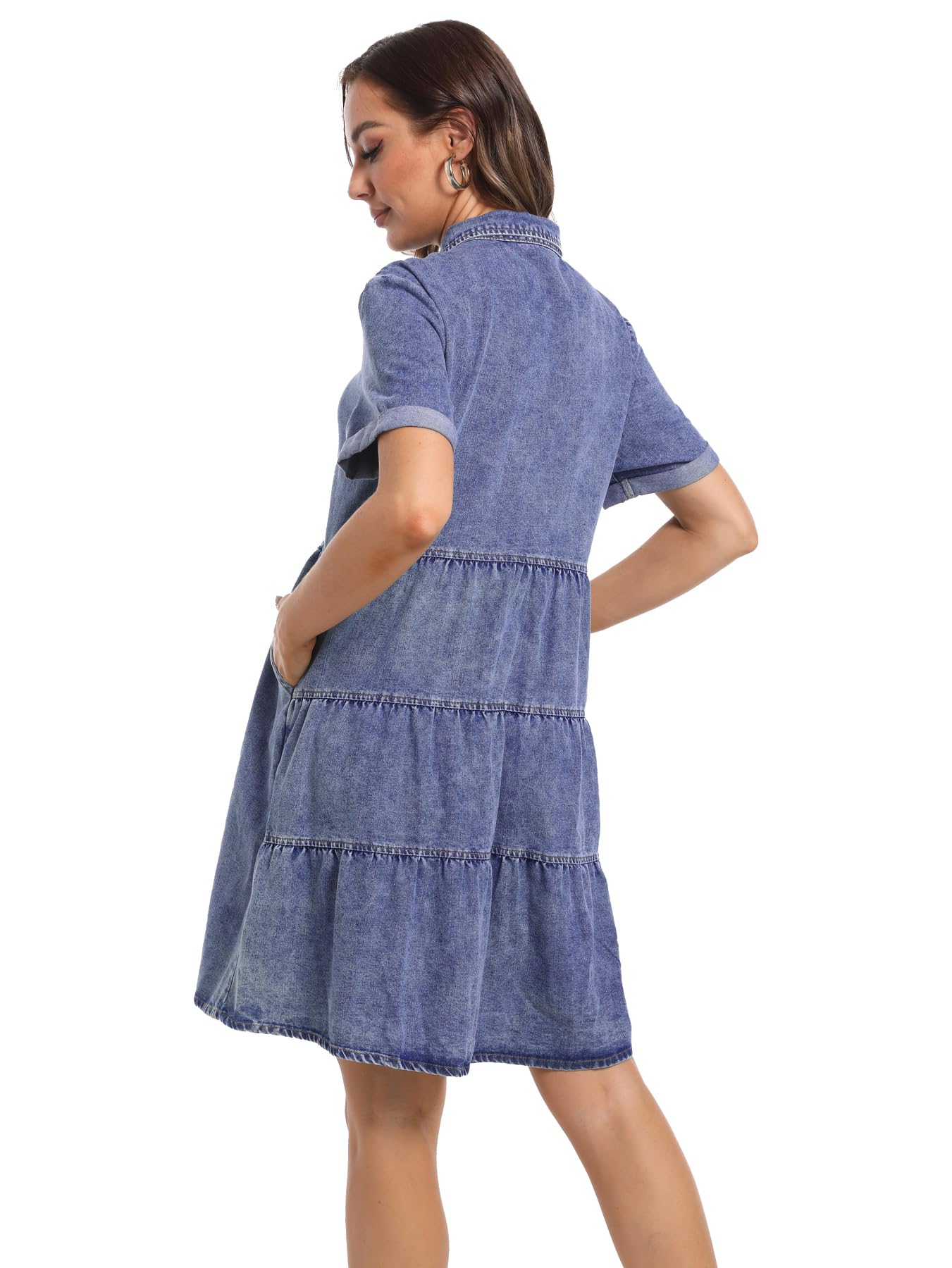 Women's Denim Dress Short Sleeve Button Down Summer Casual Jean Tunic Top - Perfect for Beach Outings, Date Nights & Everyday Wear