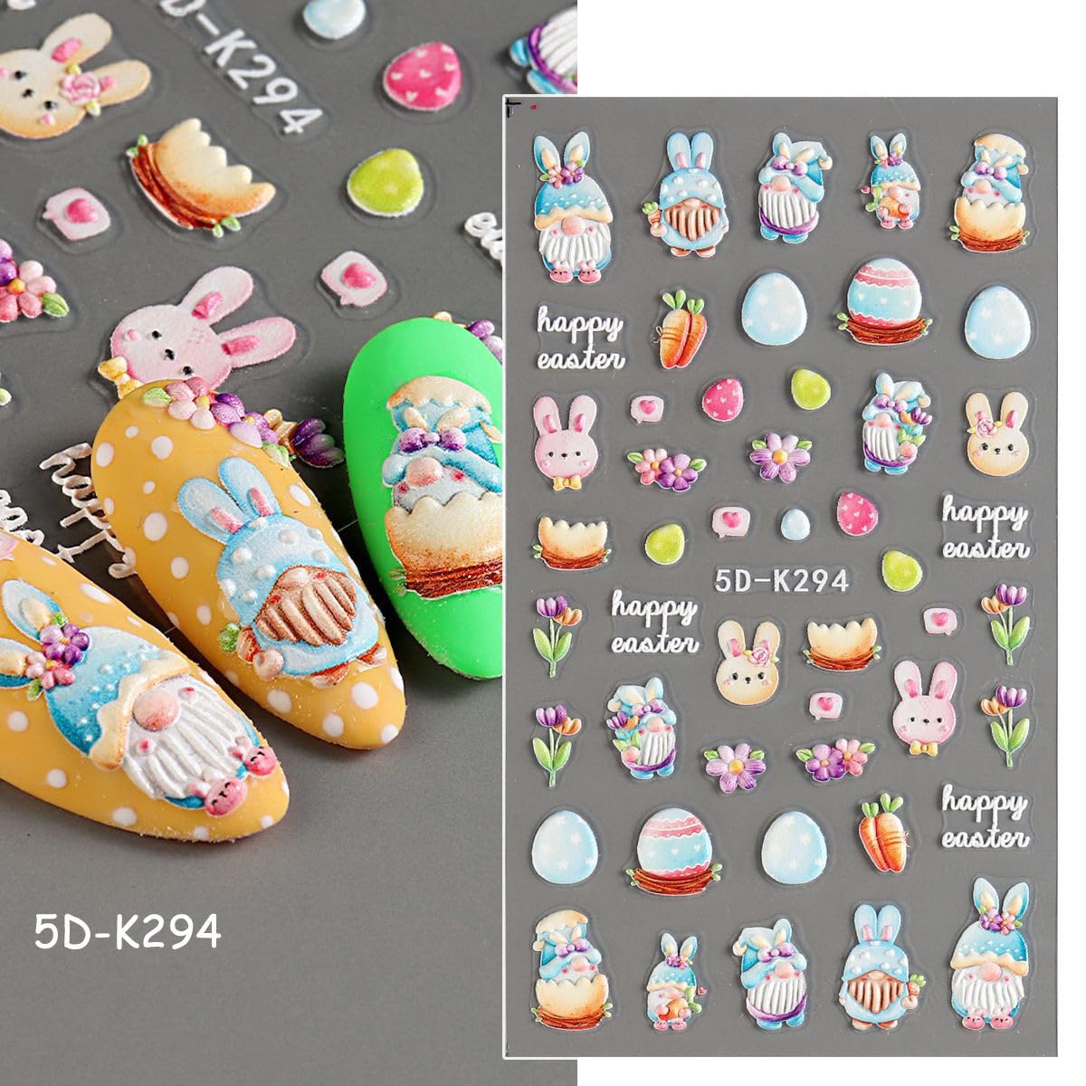 5D Easter Nail Art Stickers - Embossed Bunny & Egg Nail Decals - Self-Adhesive Spring Flower Nail Designs - Cartoon Rabbit & Carrot Nail Stickers Set for Easter DIY Manicure, Party Nail Art, Spring Festival Decorations