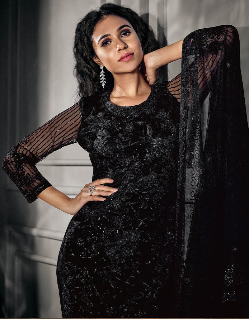 Stylish Black Soft Net Pant Salwar Suit for Women - Elegant Indian Ethnic Wear for Parties, Weddings & Festive Occasions