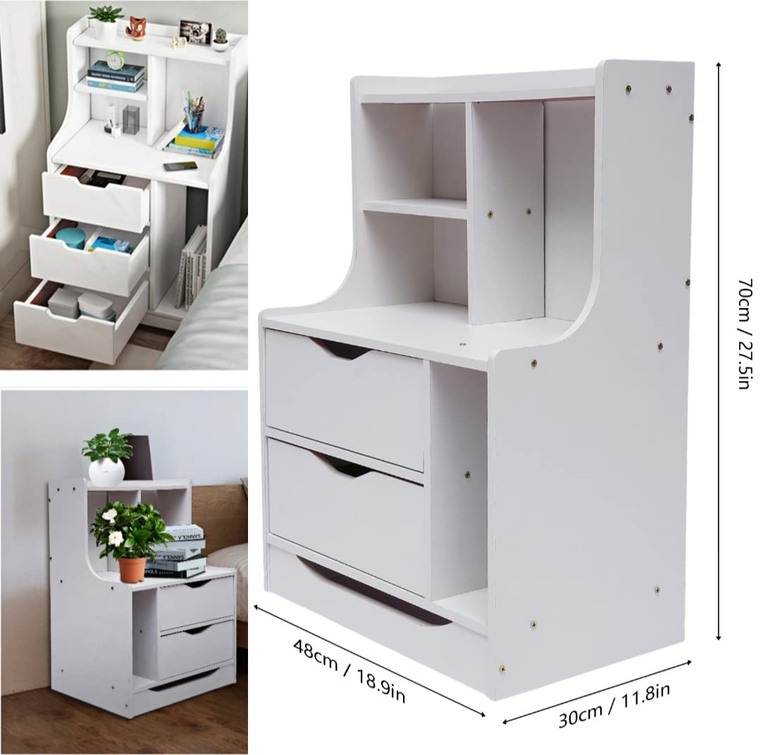 Tall White Nightstand with 2 Drawers & Shelf - Wood Bedside Table for Bedroom Storage & Decor