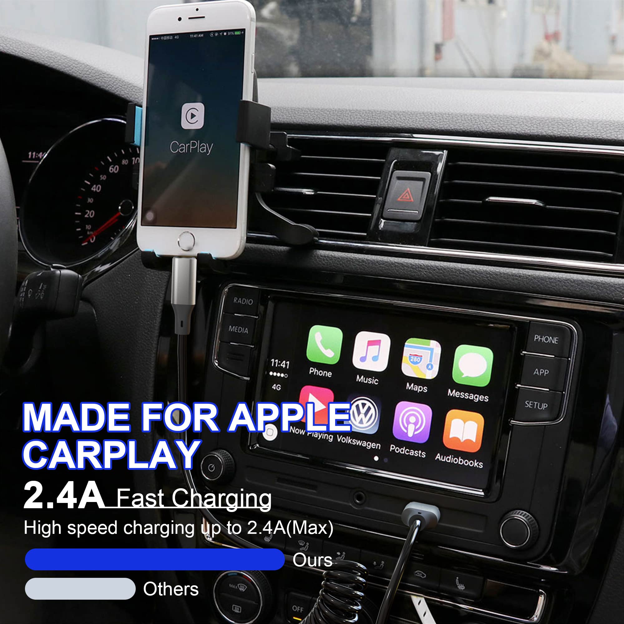Apple MFi Certified Coiled Lightning Cable - USB to Lightning Charger Cord with Data Sync, Retractable iPhone Charger for iPhone/iPad/iPod (Compatible with Apple CarPlay) - Perfect for Car Charging, Home & Office Use