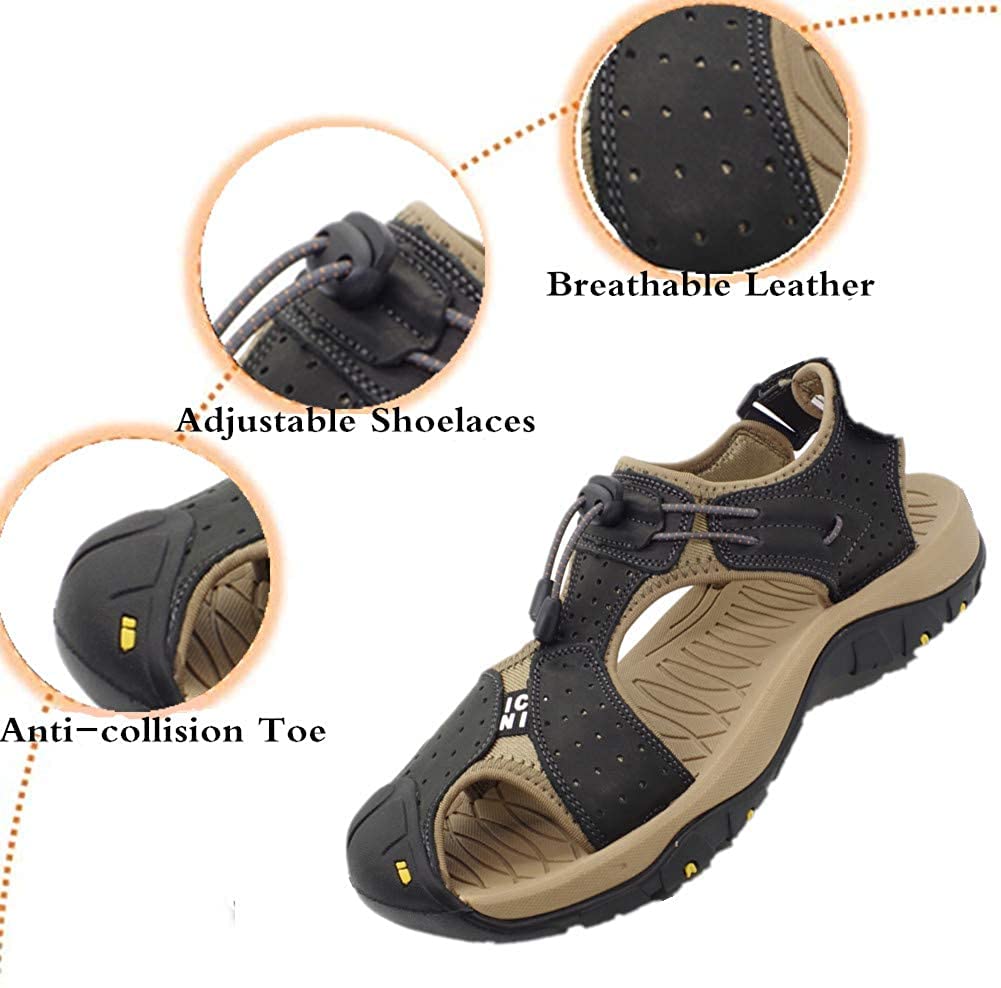 **Asifn Men's Outdoor Hiking Leather Sandals - Waterproof Closed Toe Slides for Walking, Fishing & Climbing - Breathable Summer Athletic Shoes for Beach, Pool & Trail Adventures**