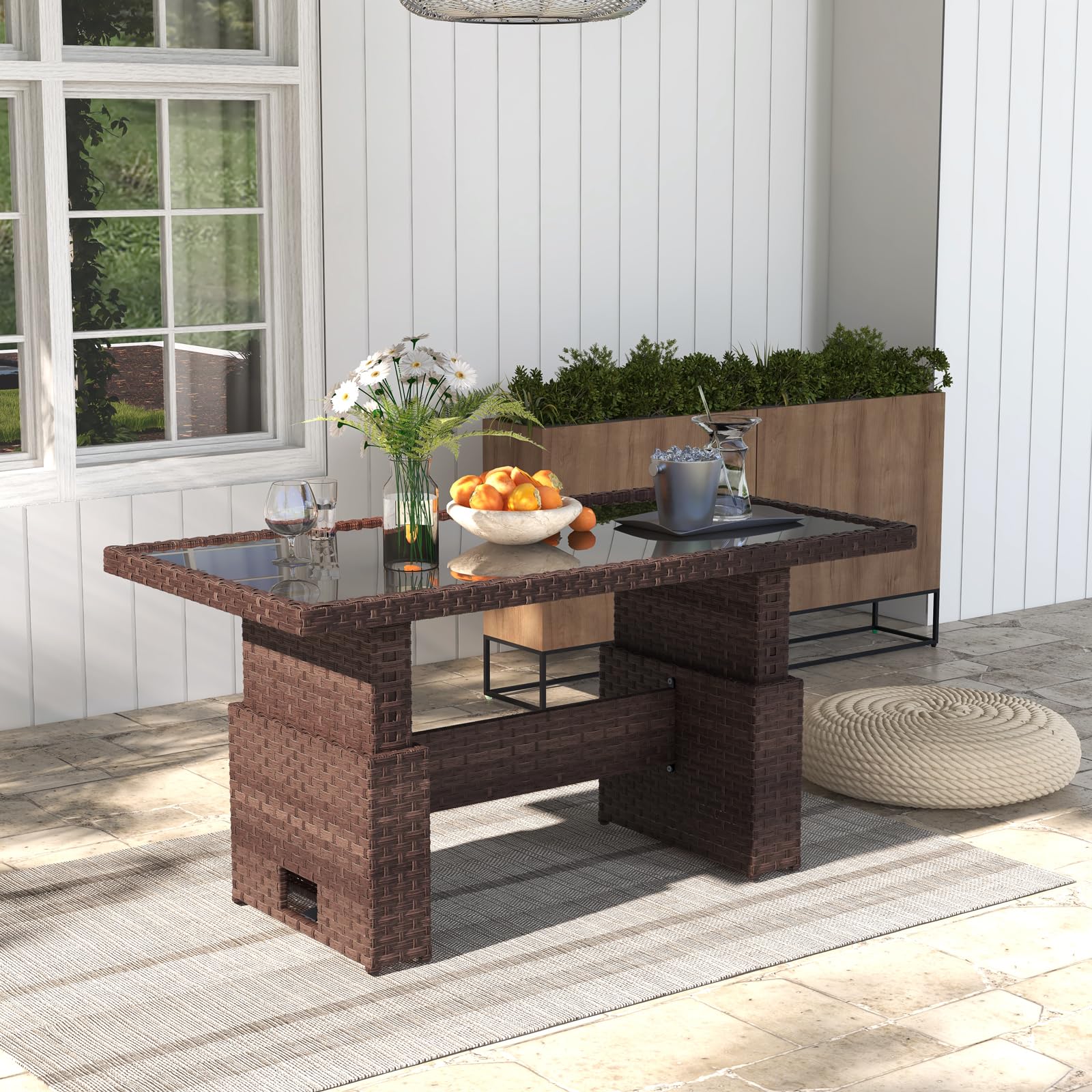 **SUNSITT Outdoor Patio Lift Dining Table - Rectangle Glass Top Wicker Coffee Table - Multi-Function Furniture for Backyard, Deck, Garden, Brown - Perfect for Outdoor Dining & Relaxation**