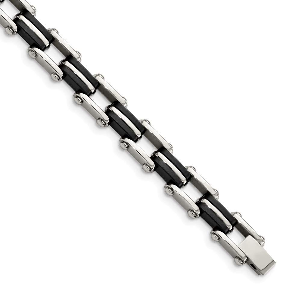 Stainless Steel Black Rubber Bracelet - 8.75 Inch Adjustable Wristband for Men & Women | Durable Fashion Accessory for Daily Wear, Gym & Outdoor Activities