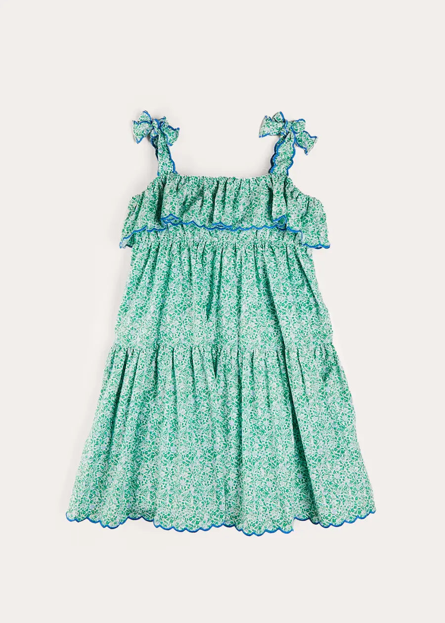 Adelaide Floral Tiered Tie Strap Dress for Girls 4-12 Years | Green Summer Dress with Adjustable Straps | Perfect for Birthday Parties, Family Gatherings & Outdoor Events