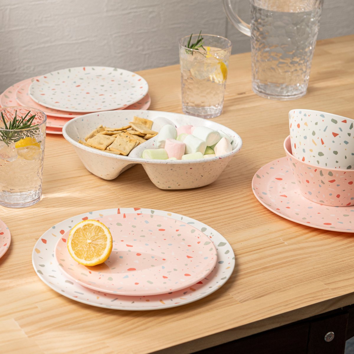 12-Piece Outdoor Dinnerware Set - Pink Confetti Design - Durable Melamine Plates, Bowls & Cups - Perfect for Picnics, BBQs, and Pool Parties