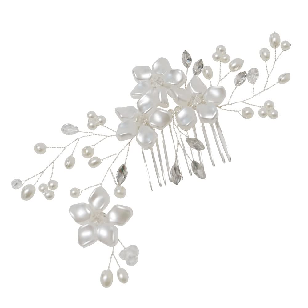 Elegant Pearl Rhinestone Silver Crystal Flower Leaf Vine Hair Comb Clip - Bridal Wedding Hair Accessories for Women & Girls | Perfect for Bridesmaids, Prom, and Special Occasions
