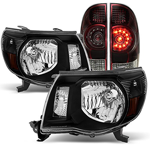 AKKON Black Headlights & Dark Red Smoked LED Tail Lights Brake Lamps Pair for 2005-2011 Toyota Tacoma Pickup Truck - Upgrade Your Truck's Style & Night Visibility for Off-Roading and Daily Commuting