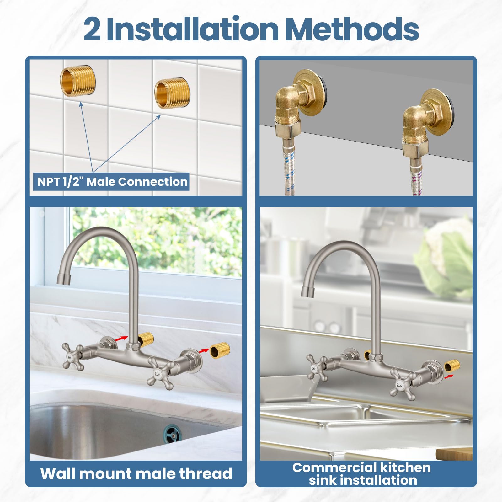 Airuida 8-inch Brushed Nickel Wall Mount Kitchen Faucet - Commercial Sink Faucet with 360° Swivel Spout & Dual Handles for Utility, Laundry, Restaurant Sinks | Durable & Stylish for Heavy-Duty Use in Commercial Kitchens, Washrooms & Food Service Areas