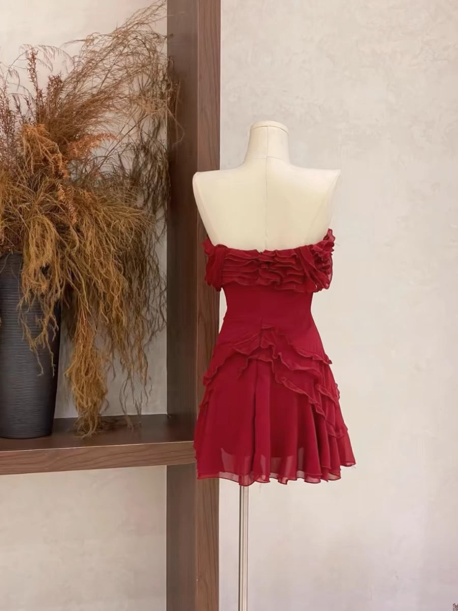 Burgundy Off Shoulder A-Line Short Prom Dress with Ruffle Details - Elegant Homecoming Dress for Teens (Style J3457) | Perfect for Parties, Dances, and Special Occasions