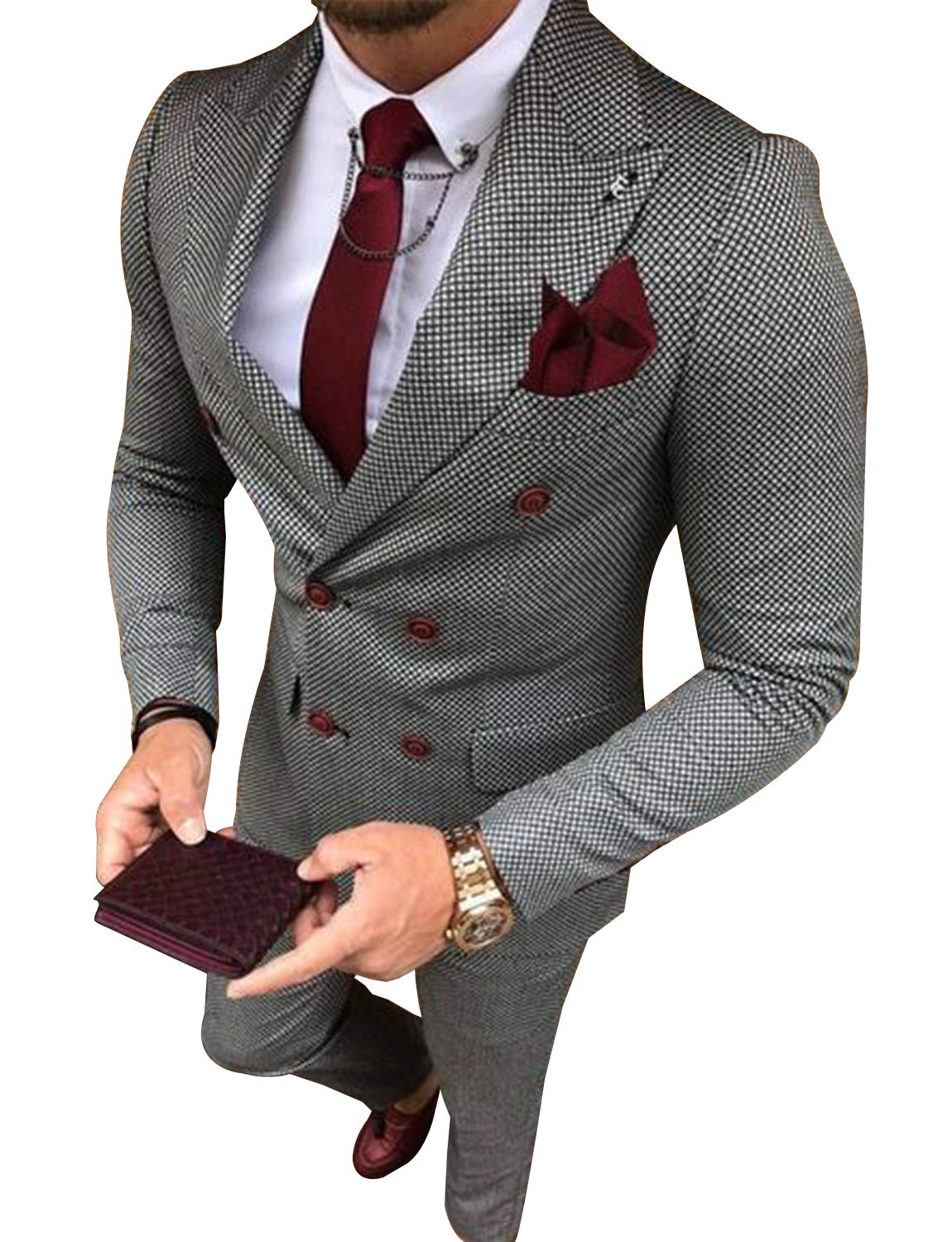 Stylish Men's Plaid Double Breasted Suit Jacket & Pants Set - Perfect for Business Meetings, Weddings & Formal Events