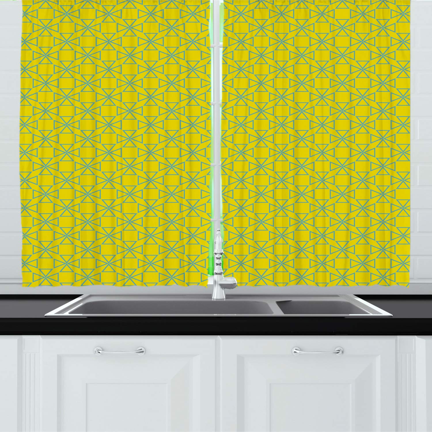 Ambesonne Abstract Long Kitchen Curtains - Geometric Mosaic Tile Design with Diagonal Triangle Patterns - 2 Panel Rod Pocket Drapes for Windows (55x45 Inches) - Yellow Green & Sea Blue - Perfect for Modern Kitchens, Dining Rooms and Home Decor