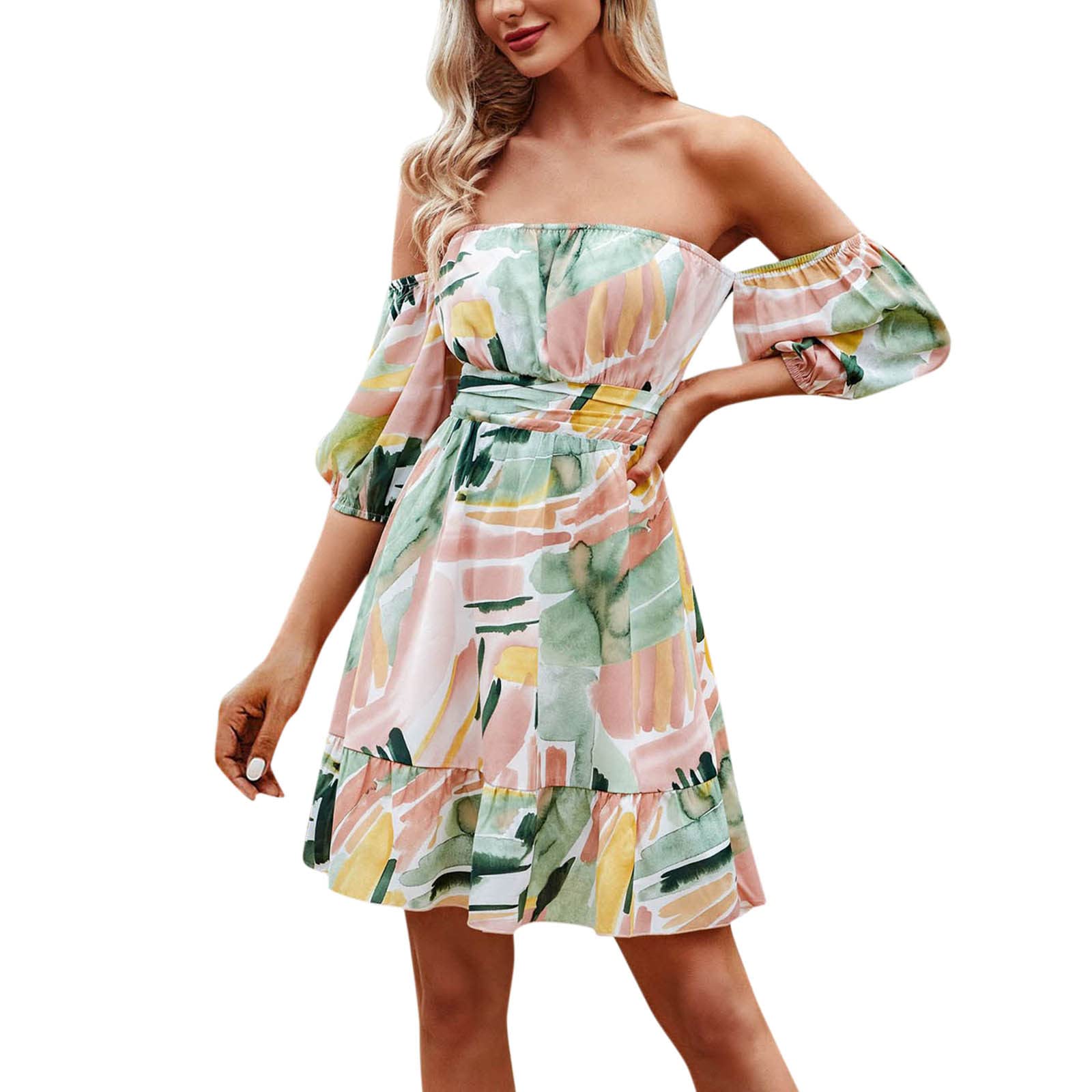 BRADEM Women's Summer Off Shoulder Short Sleeve High Waist Dress 2022 - V Neck Flowy Casual Sundress for Beach, Party & Vacation | Plus Size Options Available