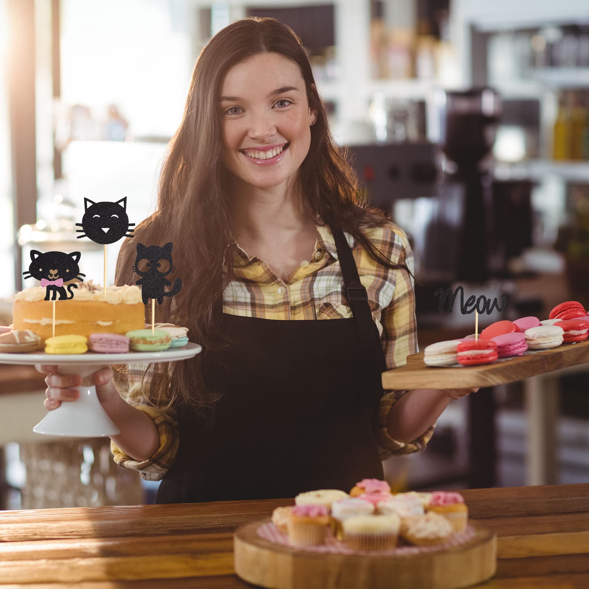 24Pcs Cat Cupcake Toppers - Kitten & Meow Food Picks for Cat Lovers - Black Glitter Cake Decorations for Baby Shower, Kids Birthday, Wedding & Party Supplies - Perfect for Themed Celebrations and Dessert Displays