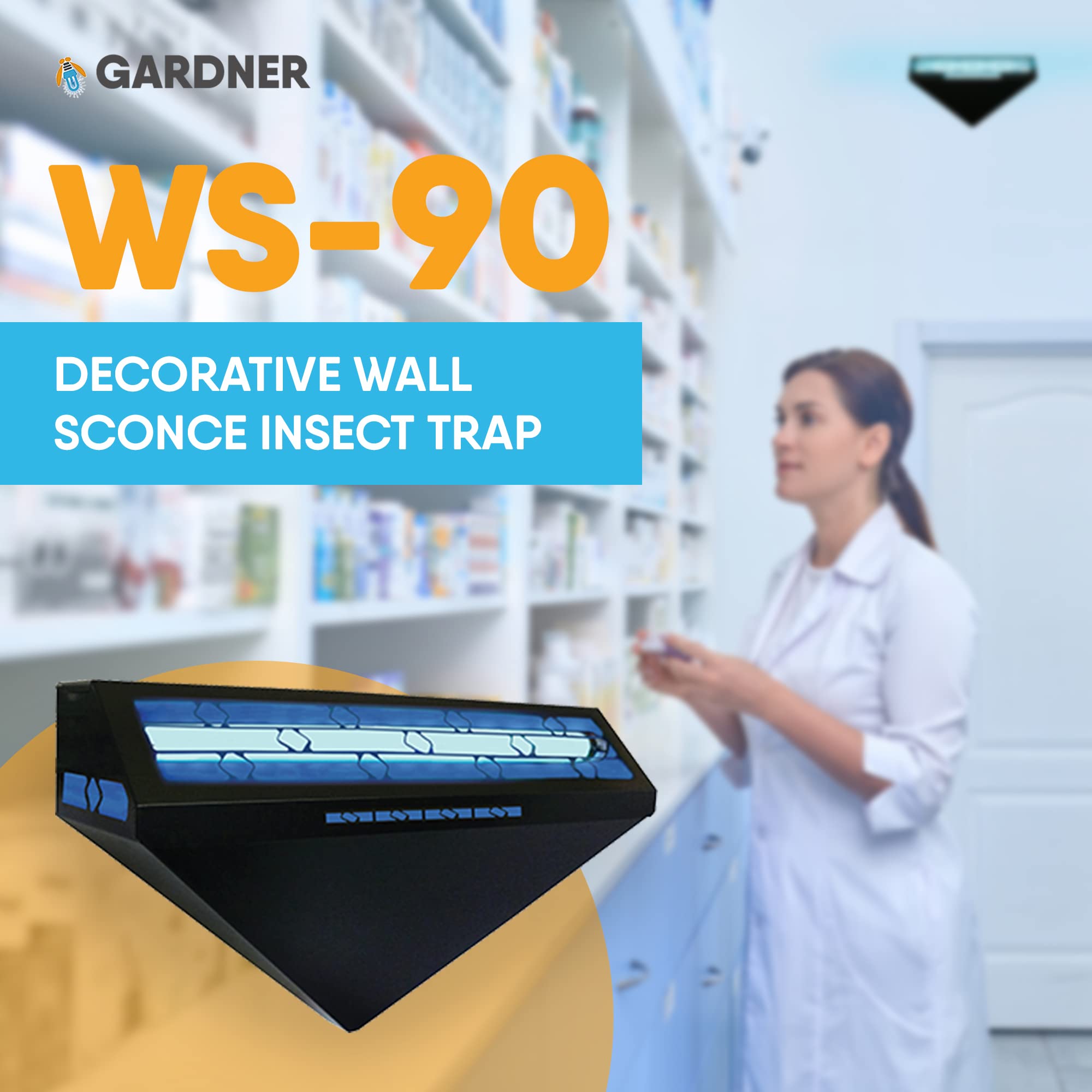 Gardner WS-90 Wall Mounted Fly Light Trap - Indoor Insect Control for Restaurants, Kitchens & Healthcare Facilities | Decorative Bug Zapper for Fruit Flies & Mosquitoes | Perfect for Commercial Kitchens, Hospitals & Food Service Areas (Black)