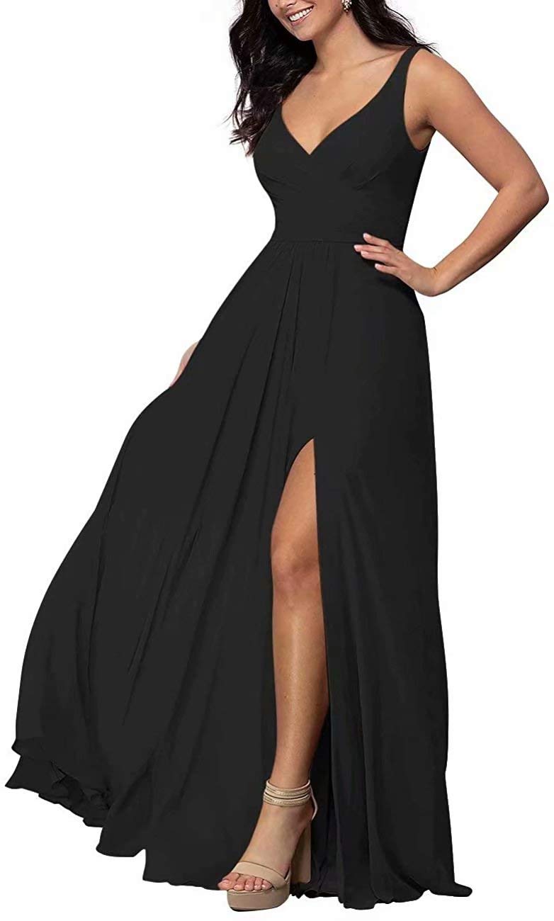 Elegant V-Neck Long Chiffon Bridesmaid Dress - A-Line Formal Gown with Side Slit for Women | Perfect for Weddings, Proms, and Special Occasions