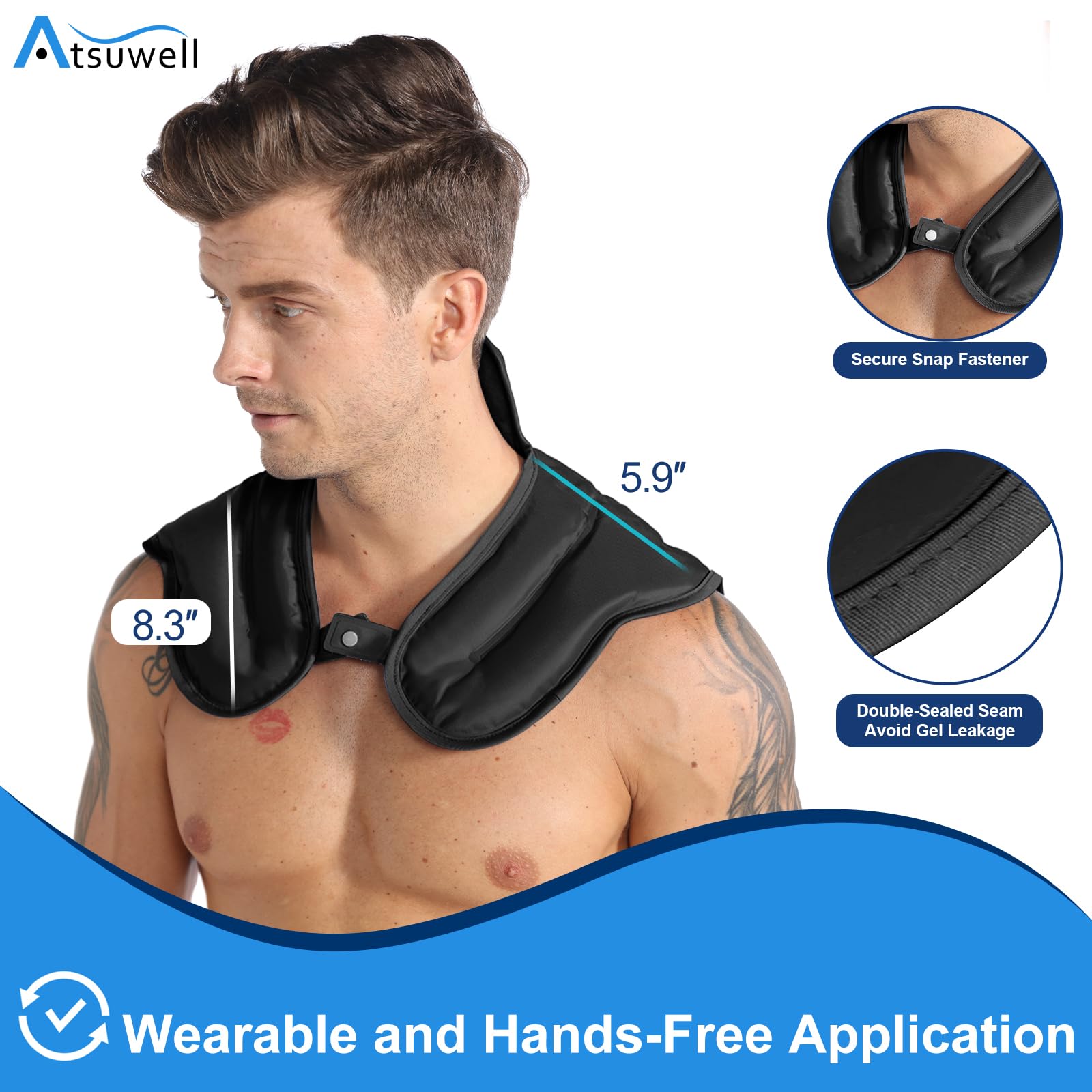 Atsuwell Reusable Gel Ice Pack Wrap for Neck & Shoulders - Cold Compression Therapy for Upper Back Pain Relief - Flexible Neck Shoulder Pad for Men & Women (Black) - Perfect for Sports Injuries, Migraines & Post-Surgery Recovery