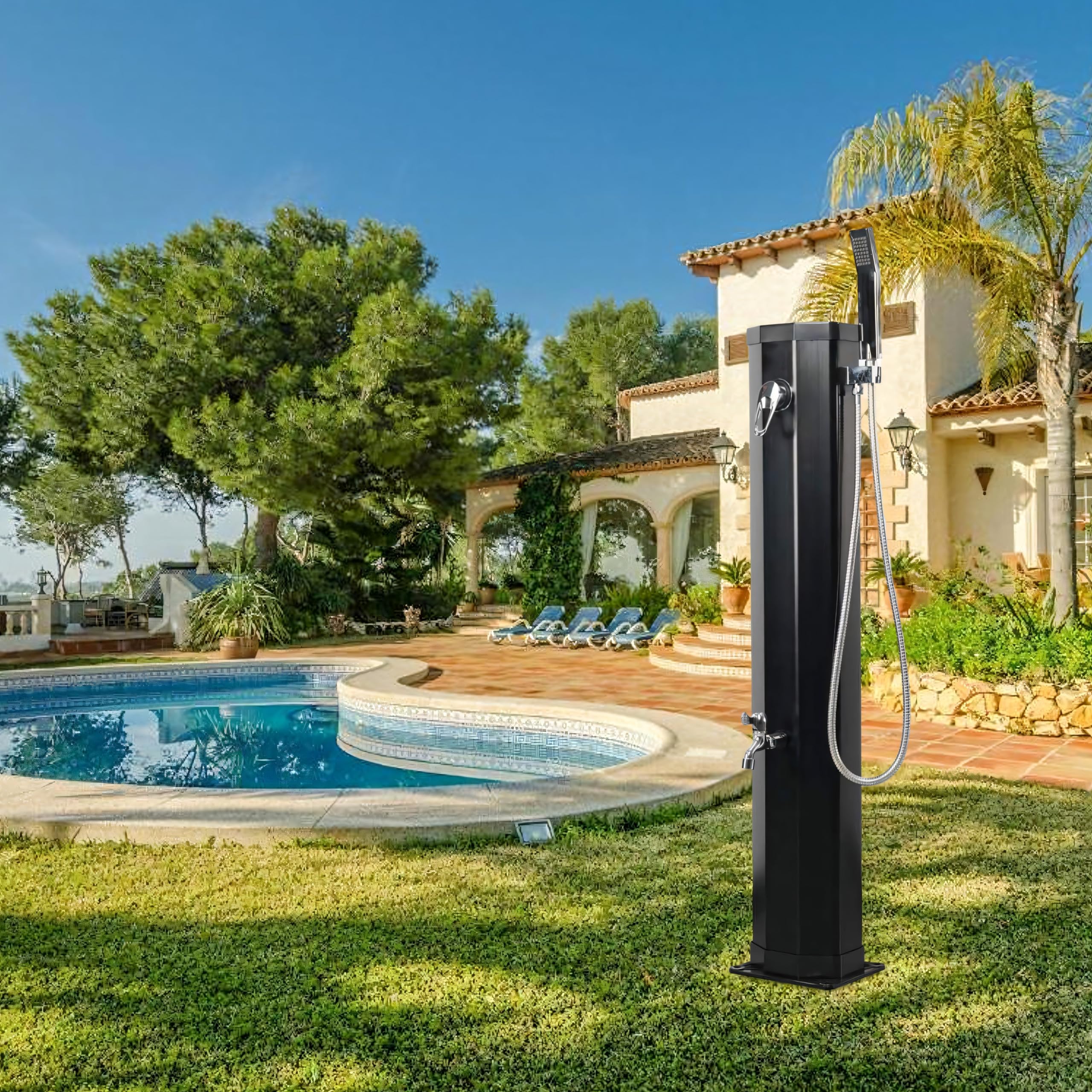 7.2 FT Outdoor Solar Heated Shower - 9.3 Gallon Portable Camping Shower with Adjustable Shower Head & Foot Tap - Perfect for Beach, Poolside, Backyard, RV and Off-Grid Living - Black