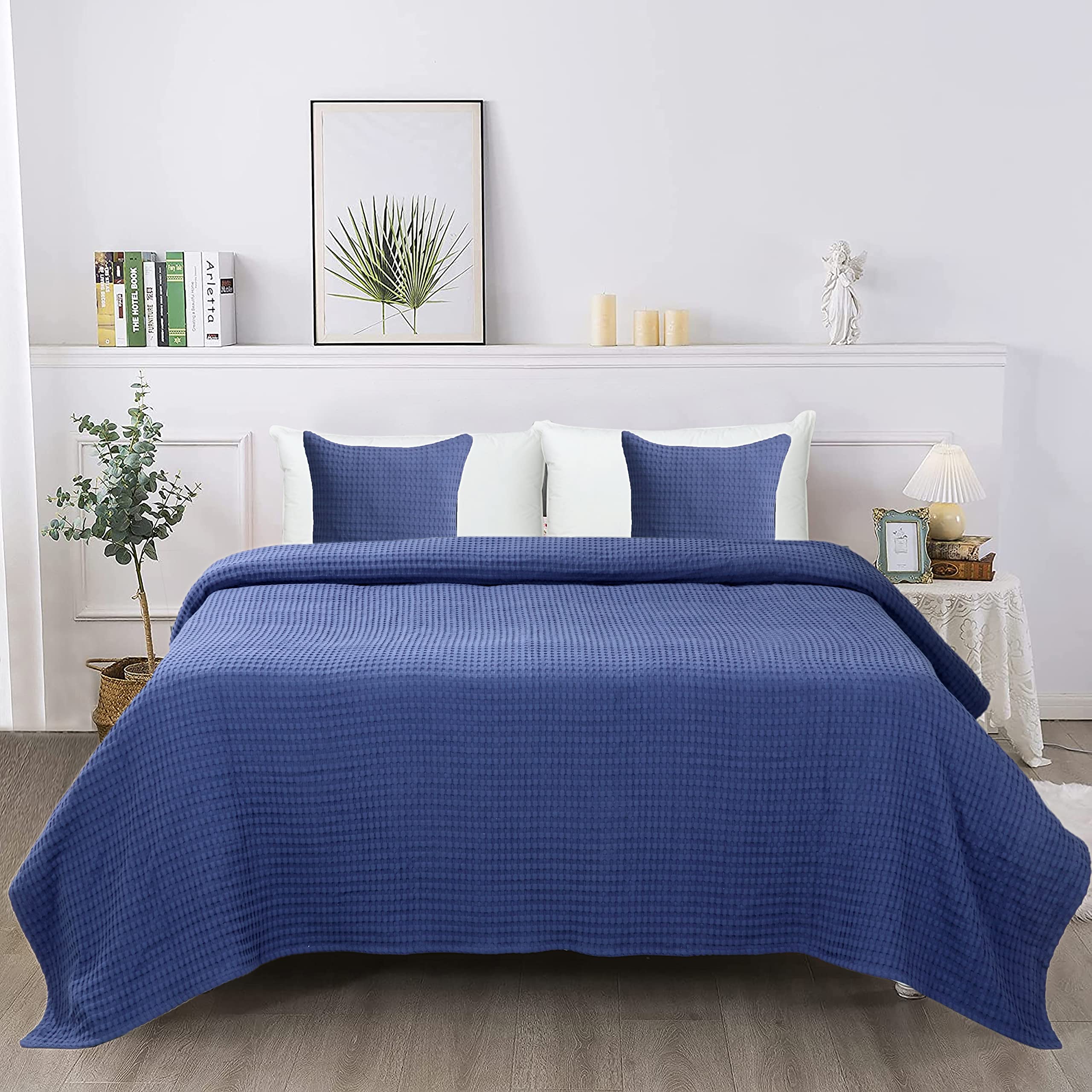 Tex Trend 100% Cotton Waffle Weave Queen Size Blanket - Lightweight & Breathable Cooling Bed Blanket for All Seasons, Navy Blue, 90x90 Inches - Perfect for Bedroom, Guest Room, Dorm, Sofa & Travel Use