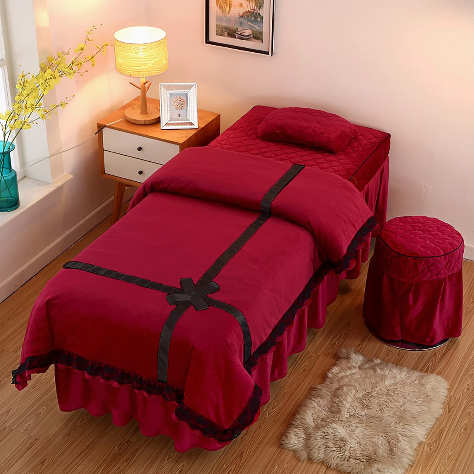 4-Piece Flannel Thick Lace Massage Table Sheet Set - Soft Warm Cotton Beauty Bedspreads for Spa & Body Physiotherapy - Solid Red 180x70cm (71x28in) - Perfect for Massage Therapy, Salon Treatments & Home Relaxation