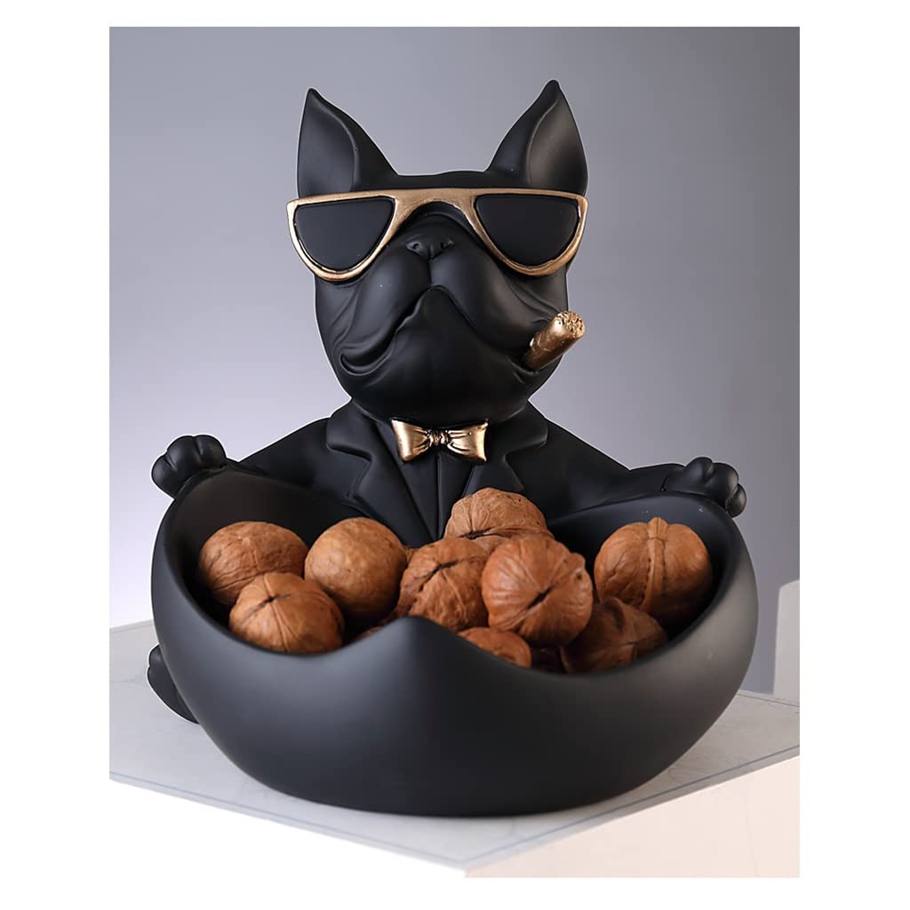KAMWD Resin Key Bowl - Bulldog Statue Decor for Entryway, Hall Table & Coffee Table | Modern Animal Dog Figurine Storage Box for Keys, Coins & Jewelry | Black Decorative Tray for Home & Office Use