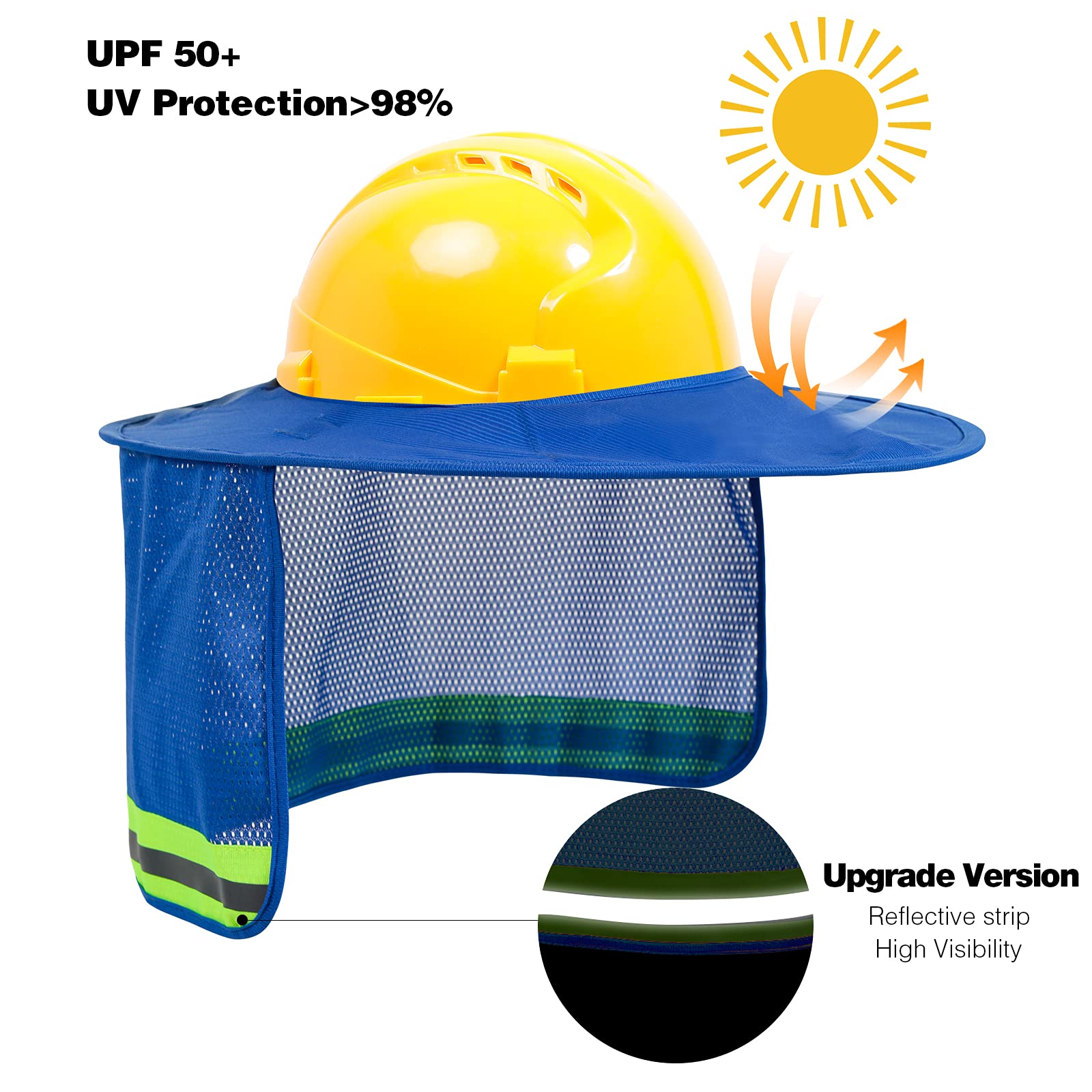 High Visibility Hard Hat Sun Shade & Neck Visor with Reflective Strip - Full Brim Safety Accessory for Men & Women (2 Pack, Blue) - Perfect for Construction, Road Work & Outdoor Labor Protection