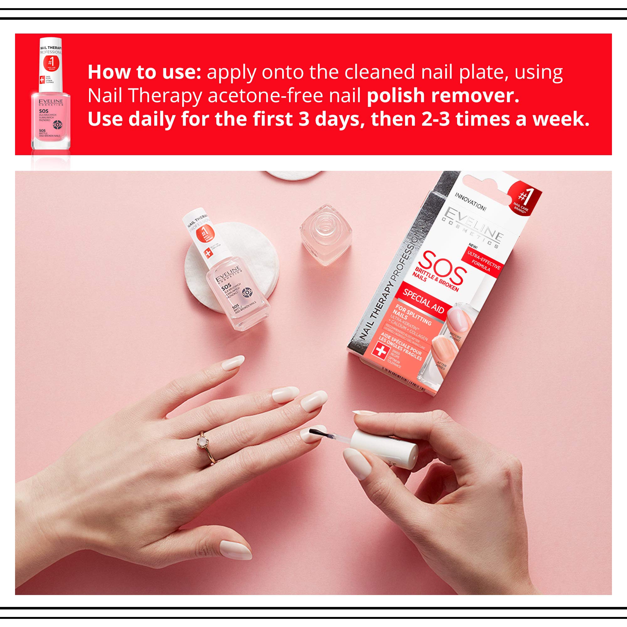Eveline Cosmetics SOS Brittle & Broken Nail Treatment - Multivitamin Nail Strengthener for Weak, Damaged Nails | Professional Nail Care Solution for Stronger, Healthier Nails at Home or Salon