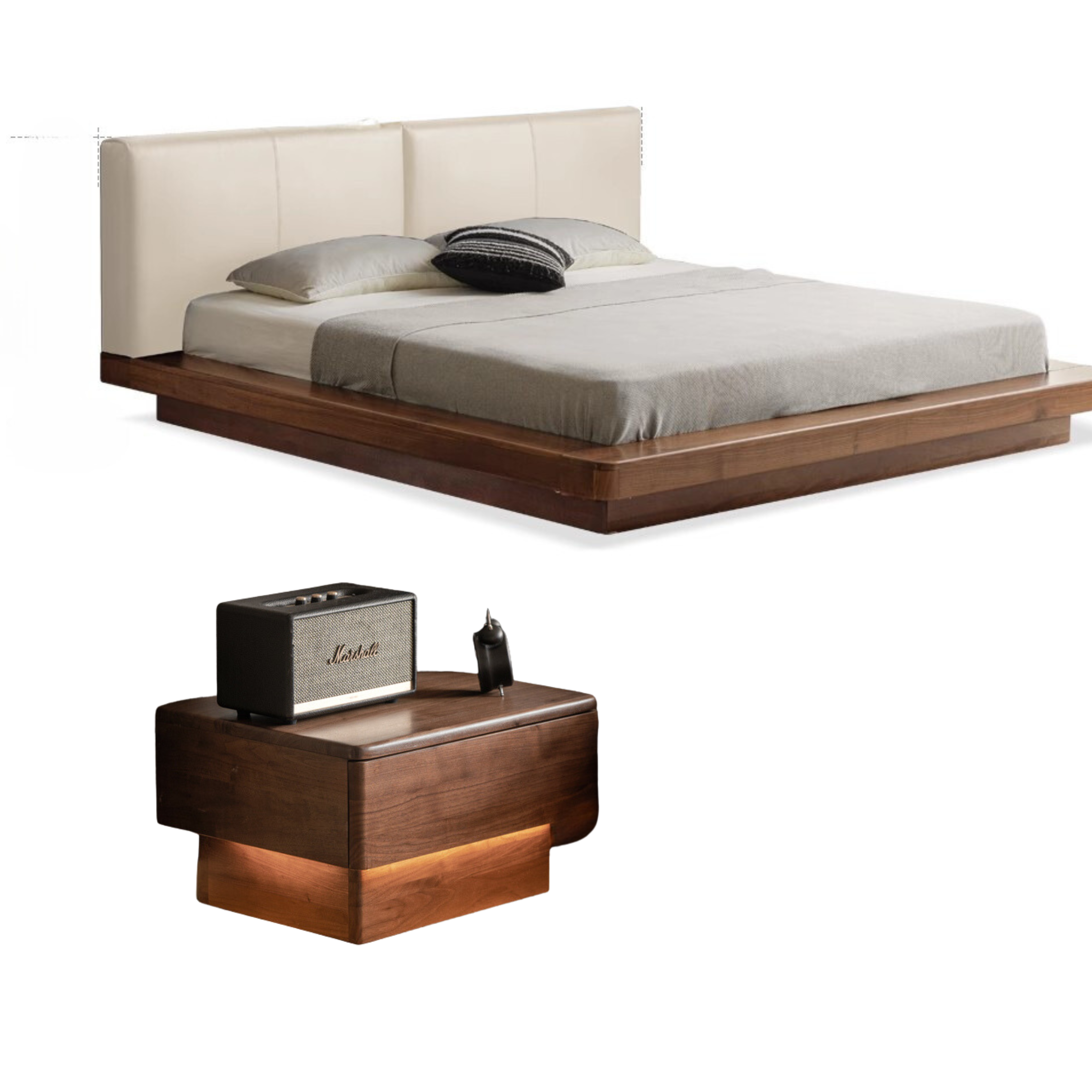 Rich Dark Walnut color Beige Leather soft bed + bedside table