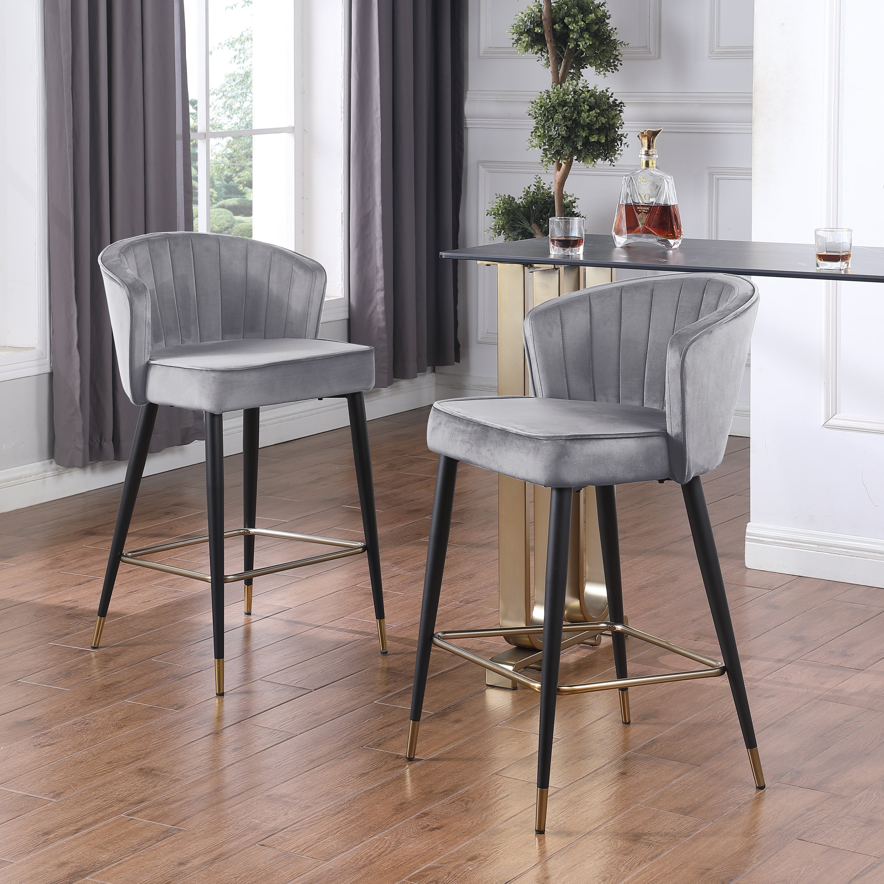 Modern Velvet Counter Height Bar Stool with Deep Channel Tufting & Gold-Tipped Black Metal Legs - 20
