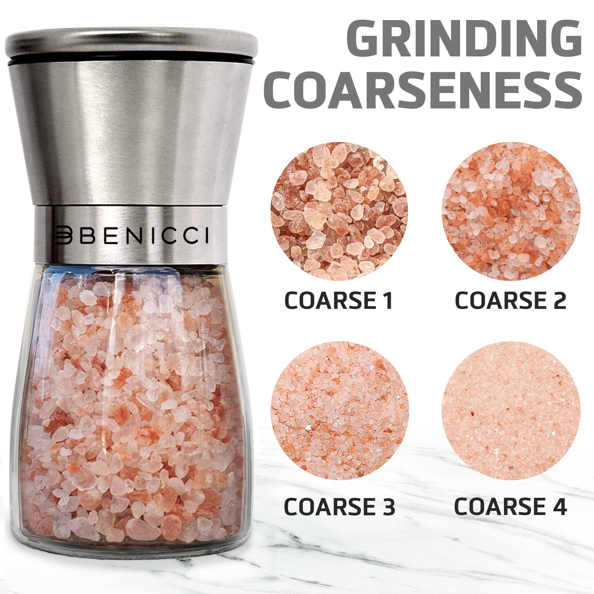 Premium Stainless Steel Salt and Pepper Grinder Set - Adjustable Ceramic Mill for Coarse to Fine Seasoning - Glass Body Spice Shakers with Spoon & Cleaning Brush - Perfect for Kitchen, Dining Table & Gourmet Cooking