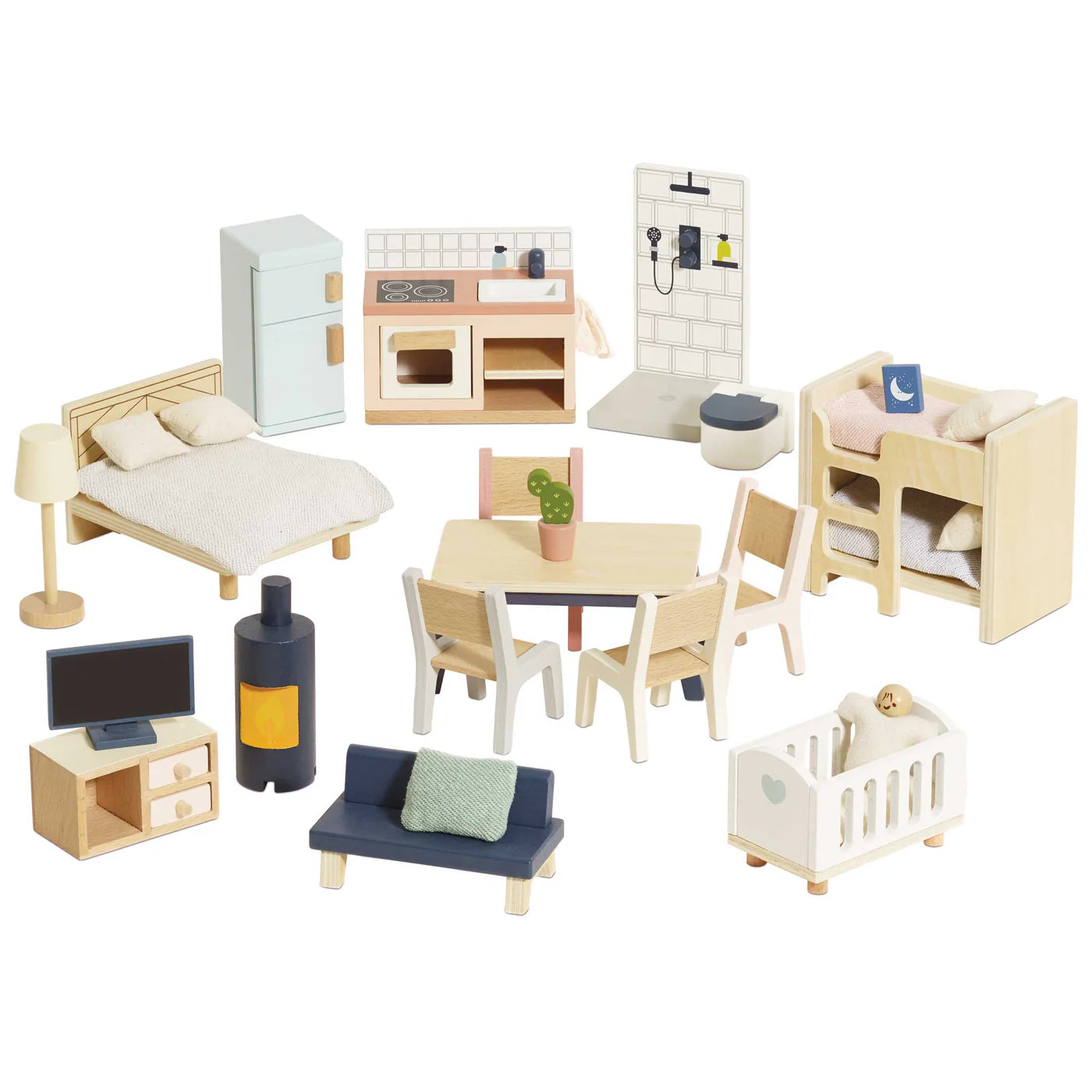 Complete Doll House Furniture Set for Kids - Miniature Wooden Bed, Sofa, Table & Chairs - Perfect for Playroom, Birthday Gifts & Pretend Play